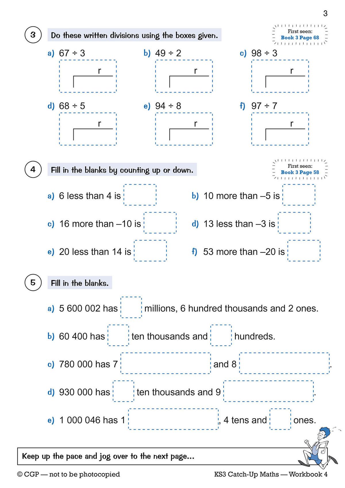 Inside page demonstrating division and negative-number exercises with answer boxes