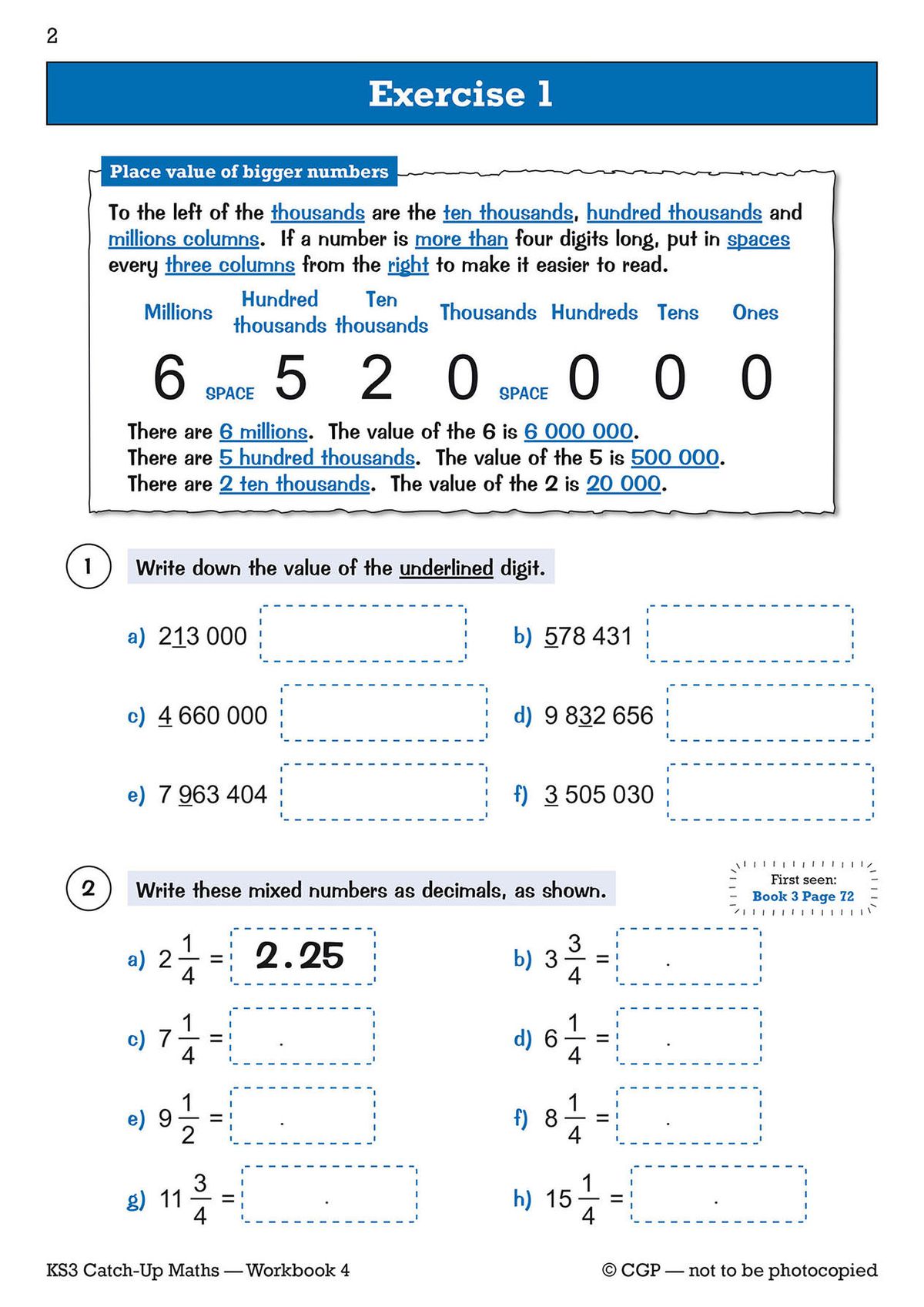 Sample page showing place-value and decimal exercises with clear worked examples