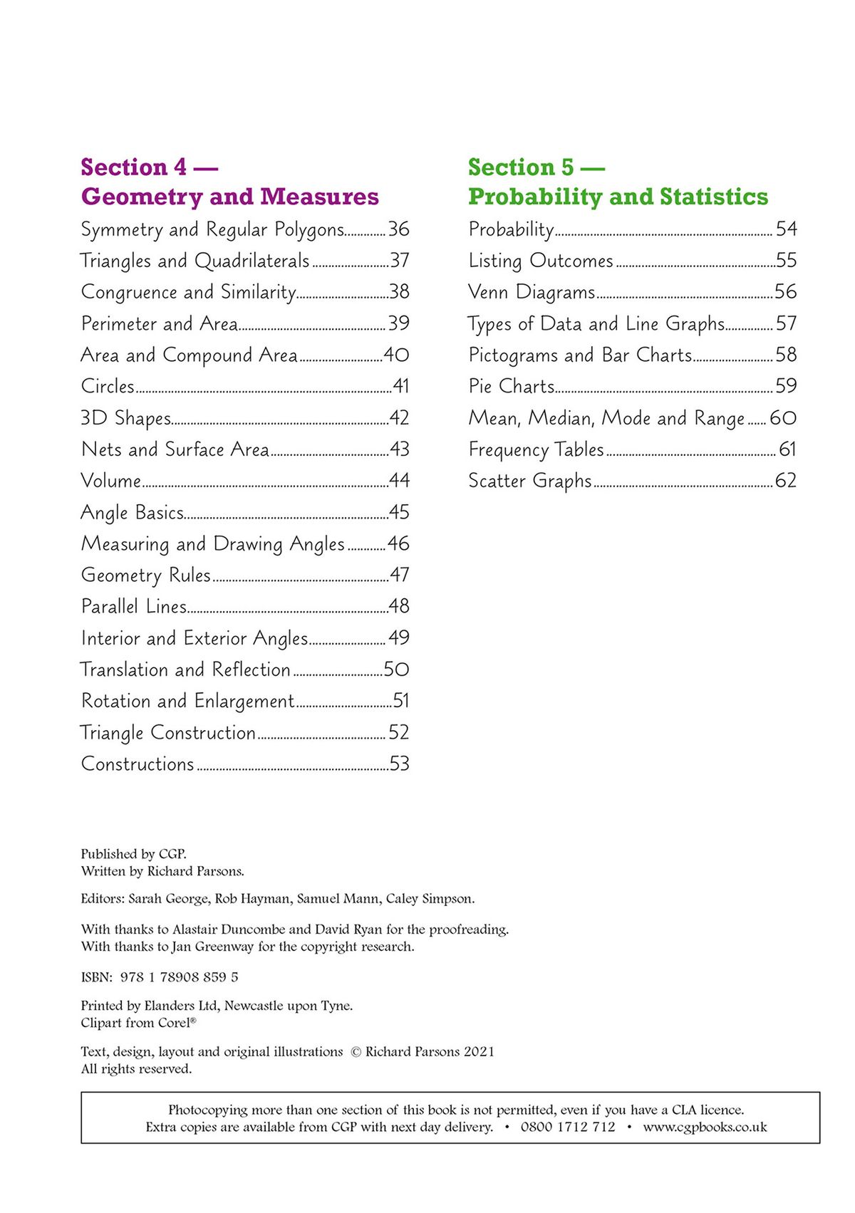 Contents page listing topics in Geometry and Measures and Probability and Statistics sections