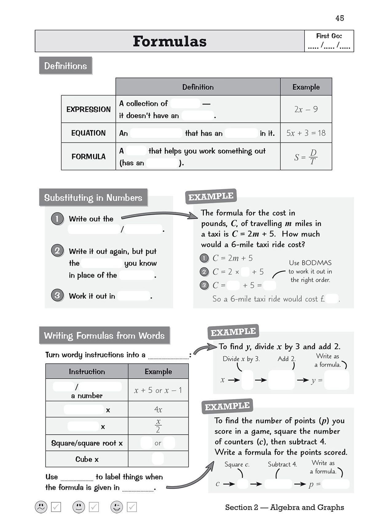 Formulas practice pages from the KS3 Maths Knowledge Retriever Foundation workbook