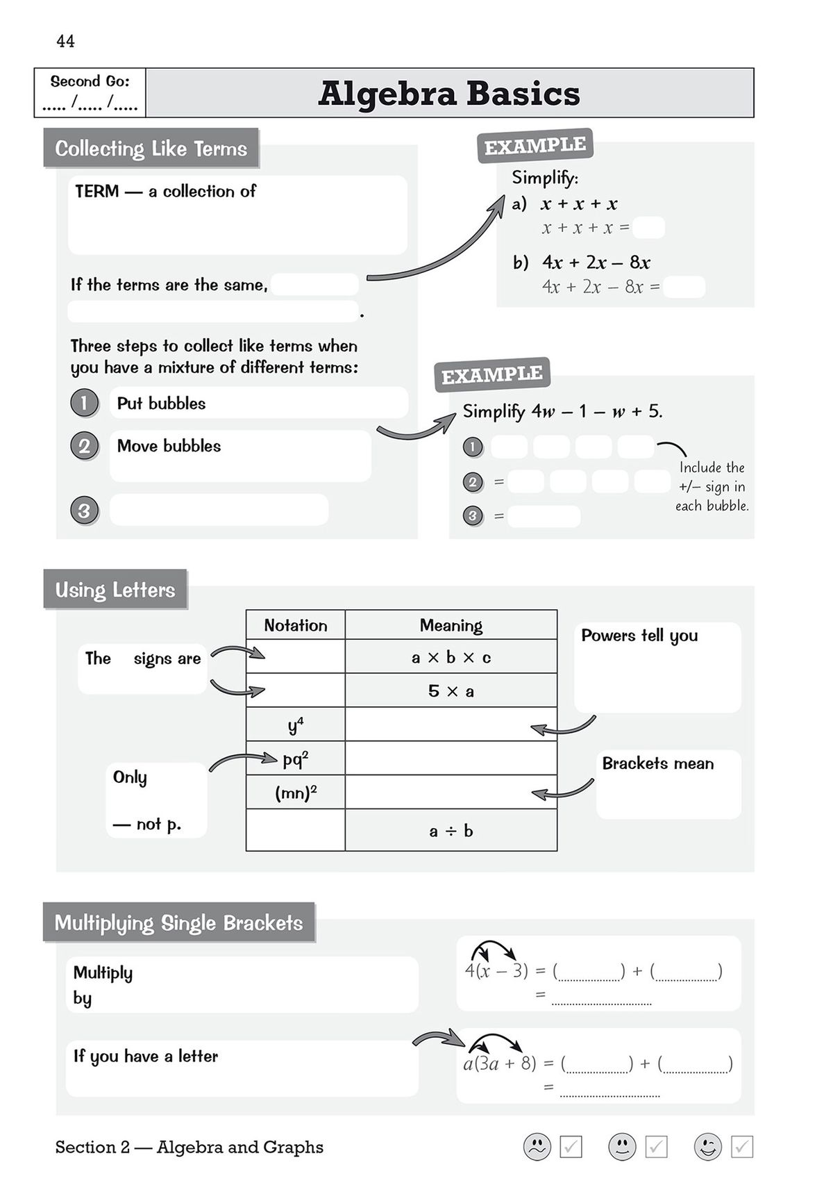 Sample pages showing algebra basics activities in the KS3 Maths Knowledge Retriever Foundation workbook
