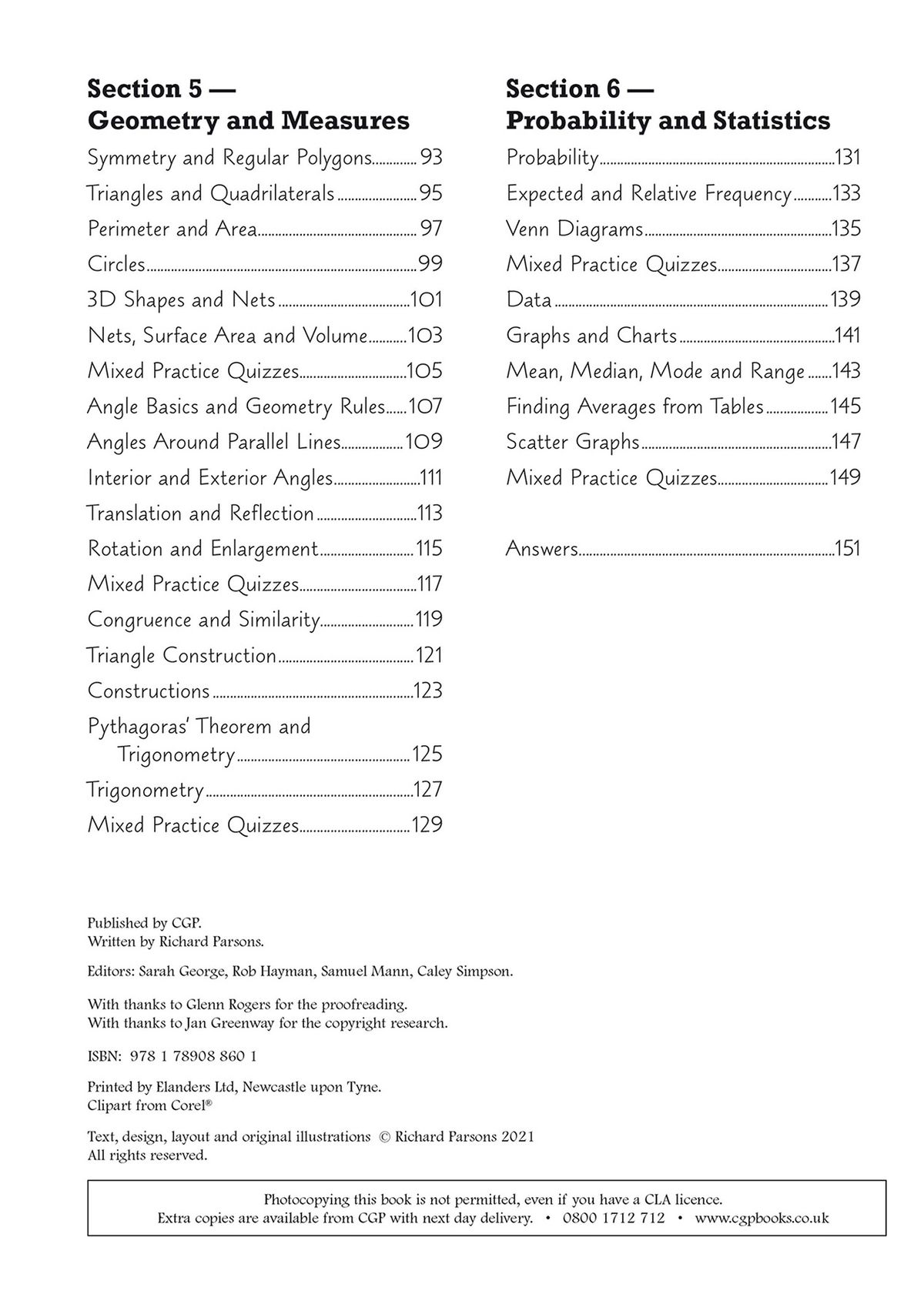 Contents page listing geometry, probability and statistics topics with page numbers