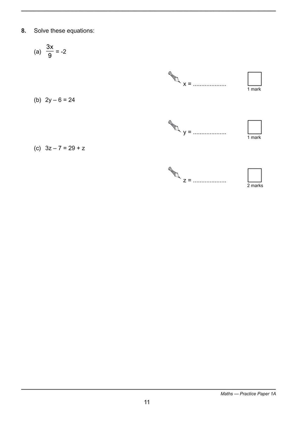 Sample question page showing algebra equations with answer boxes and mark allocations