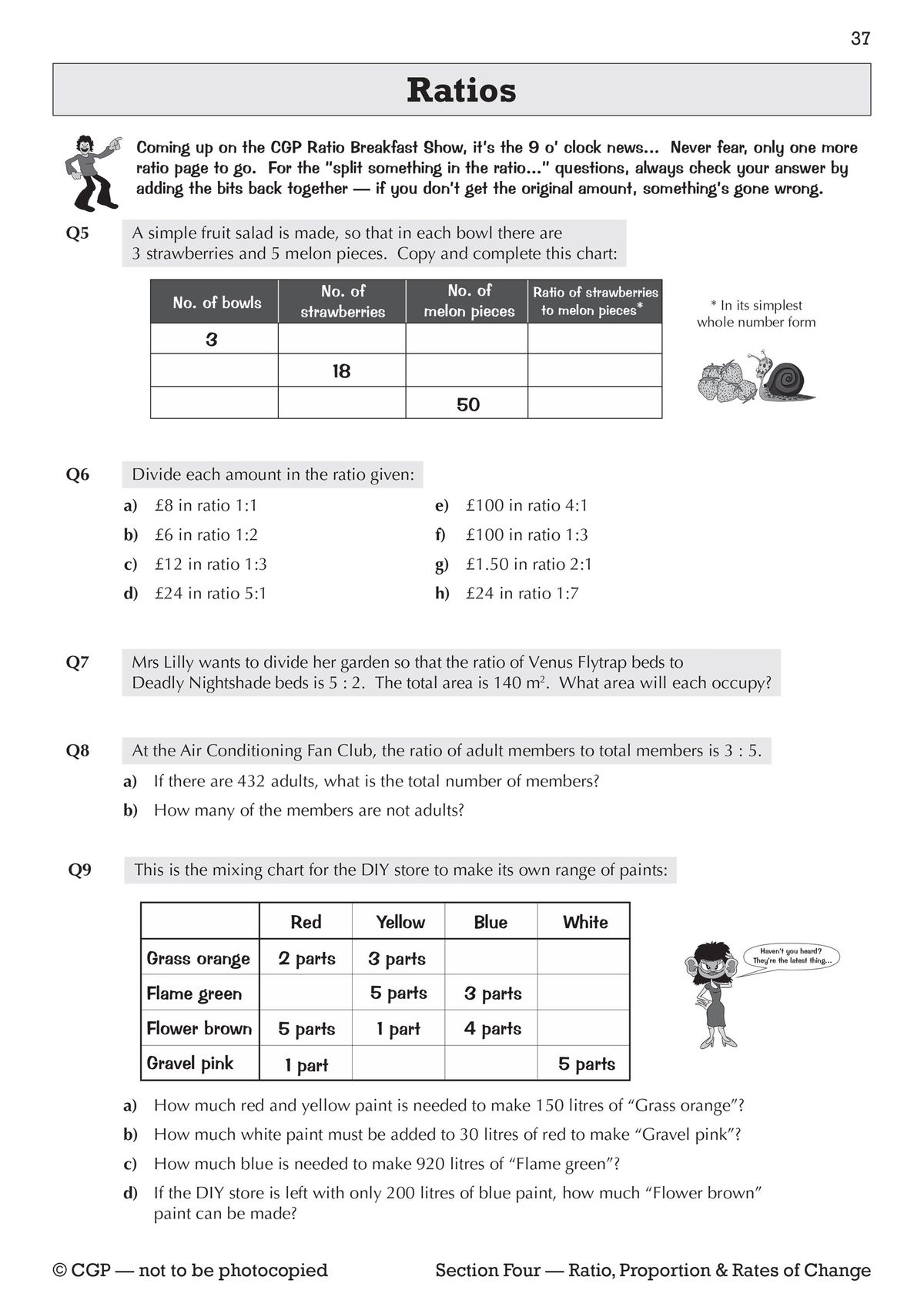 Practice page on ratios with worked examples and varied question types