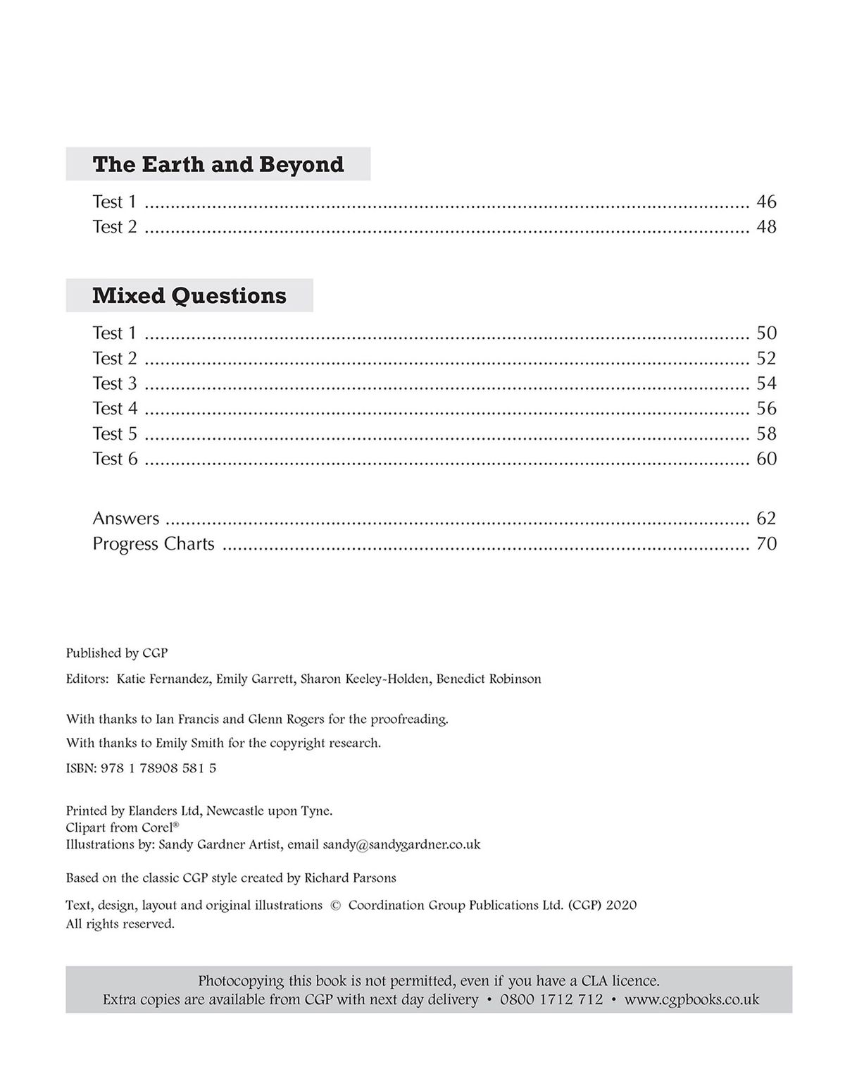 Contents page listing test topics including The Earth and Beyond, Mixed Questions, and full answers section