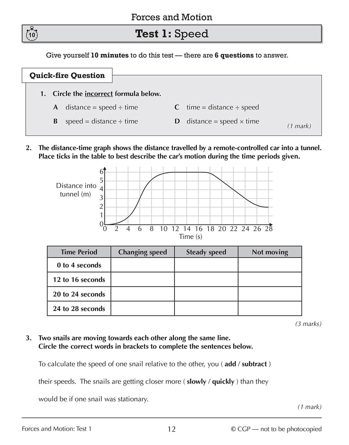 Sample test page showing Forces and Motion questions with diagrams and mark allocations