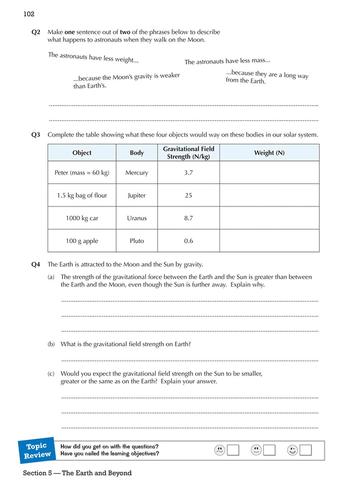 Practice questions on gravity and gravitational field strength with space for answers