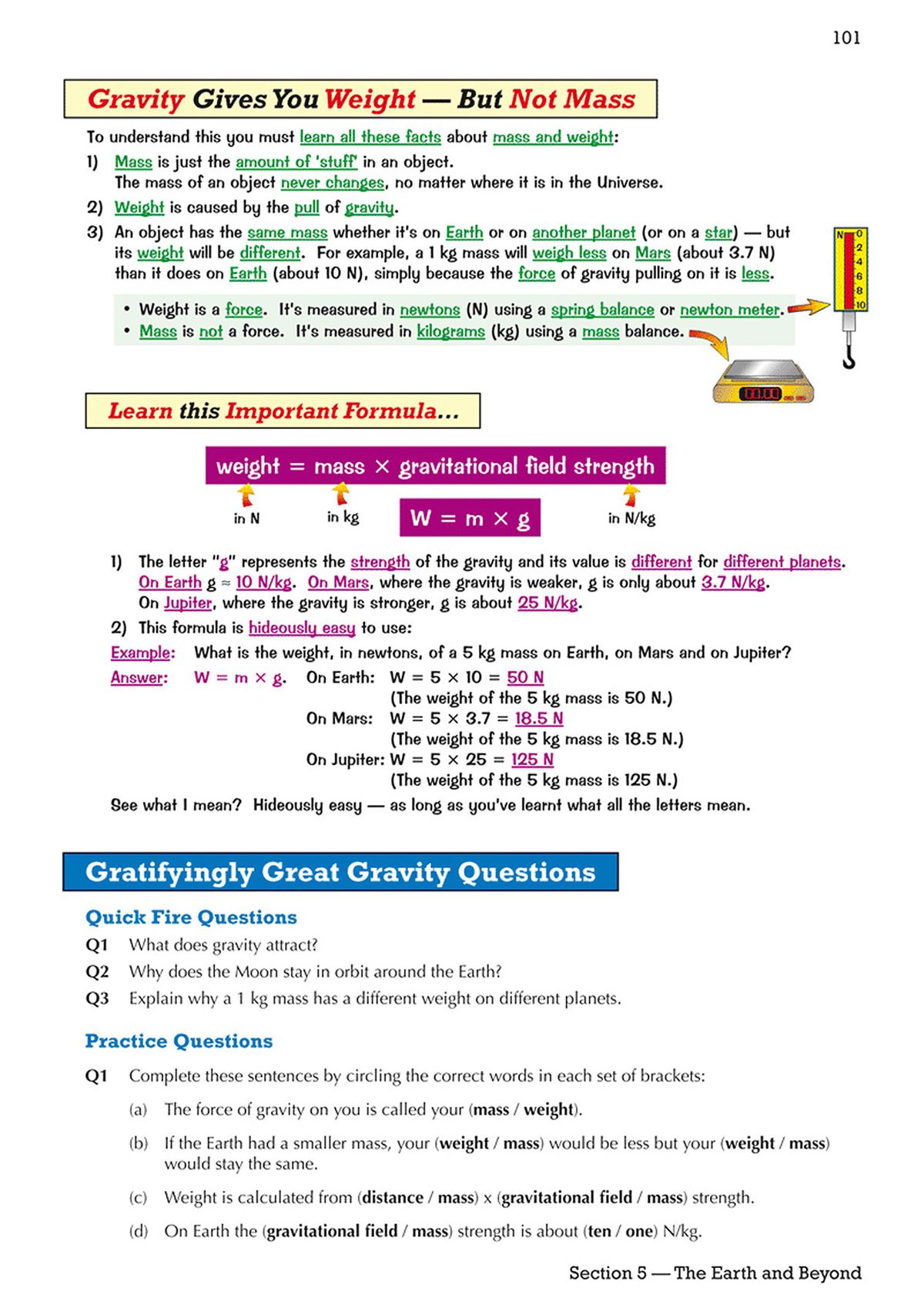 Inside pages showing gravity study notes and practice questions