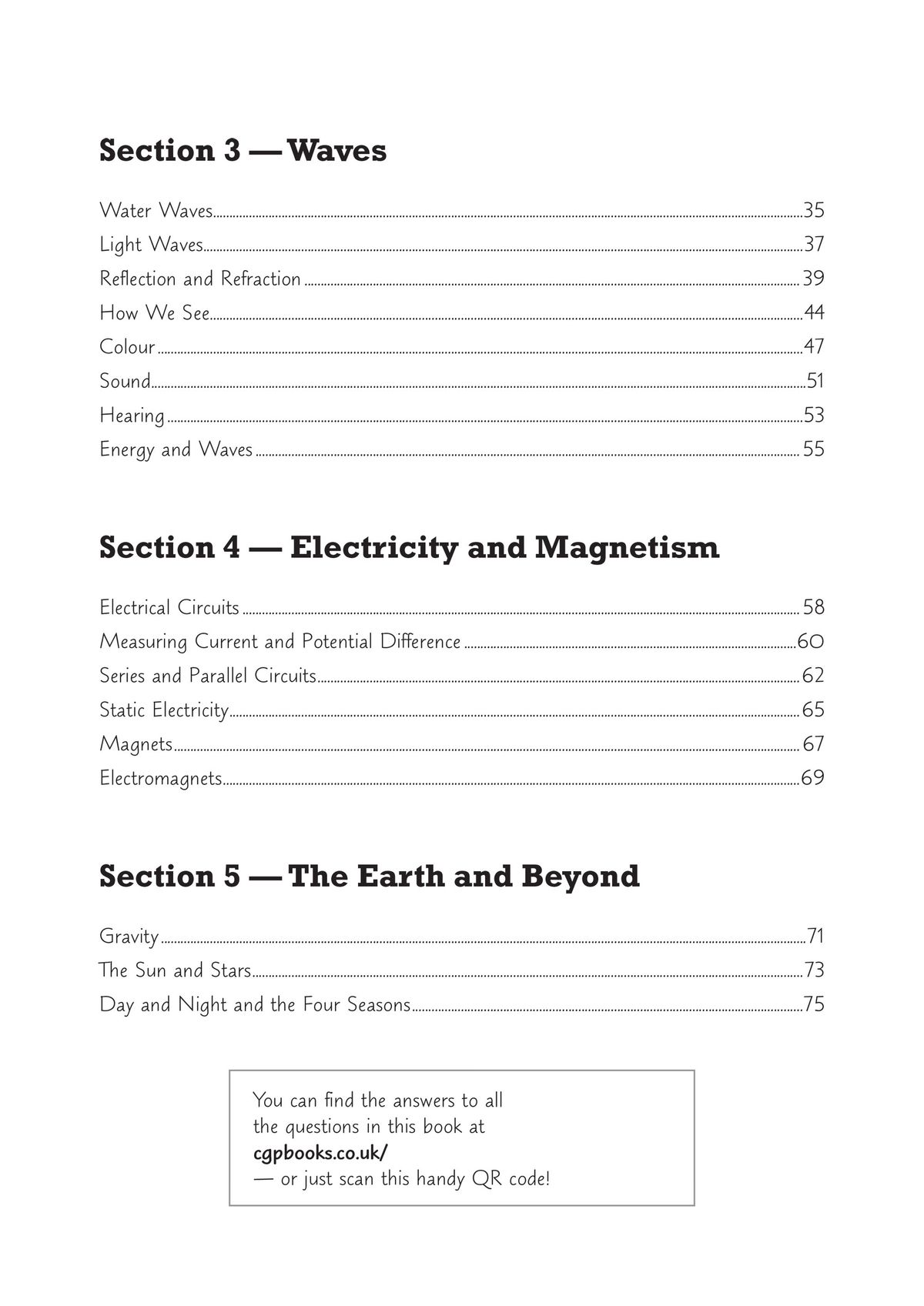 Contents page showing the five main sections of the KS3 Physics Workbook