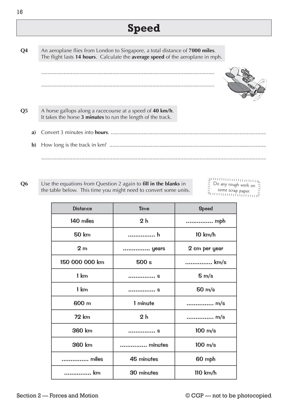 Sample workbook page showing speed calculation exercises with tables and word problems