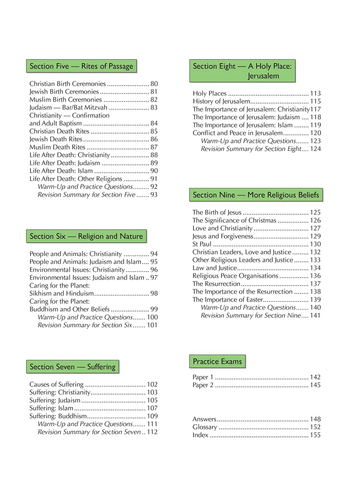 Contents page showing nine numbered sections covering world religions, worship, ethics and practice exams