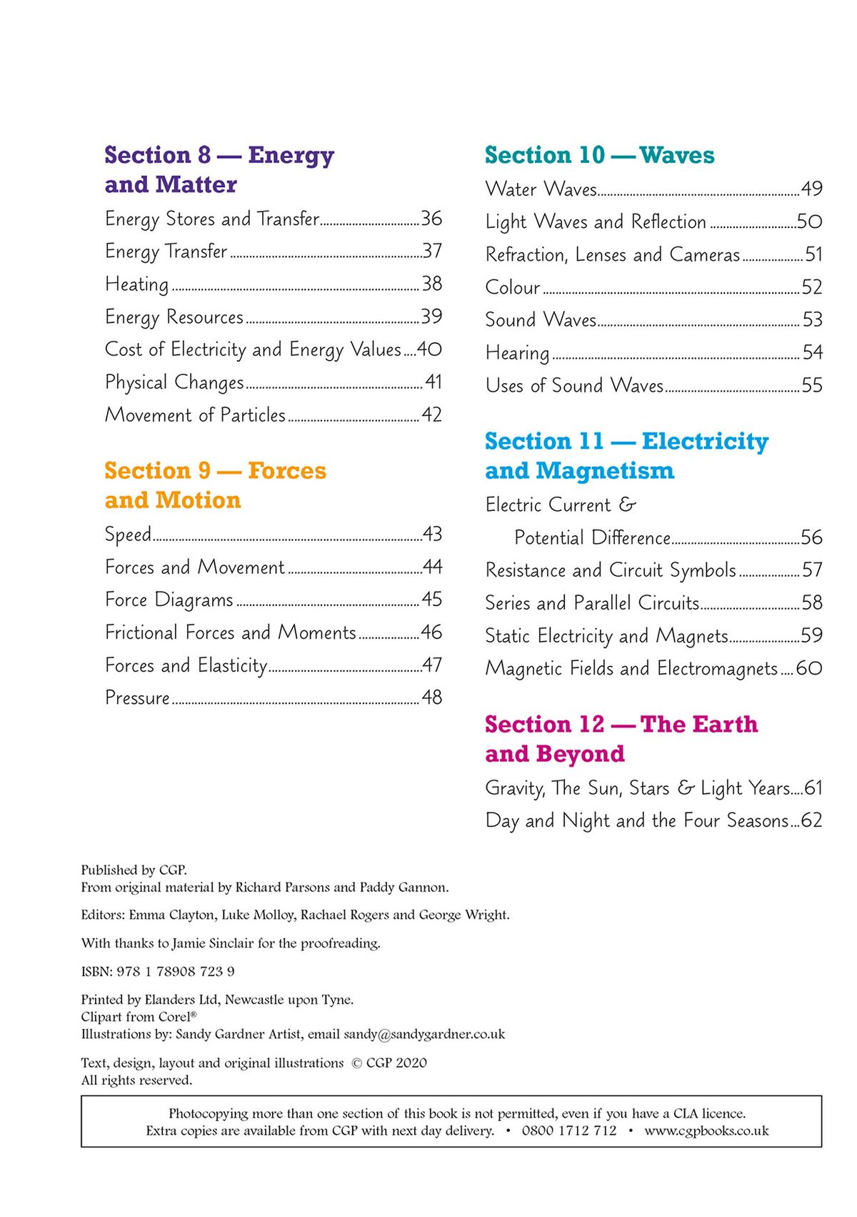 Contents page listing KS3 Science sections: energy and matter, forces and motion, waves, electricity and magnetism, the Earth and beyond