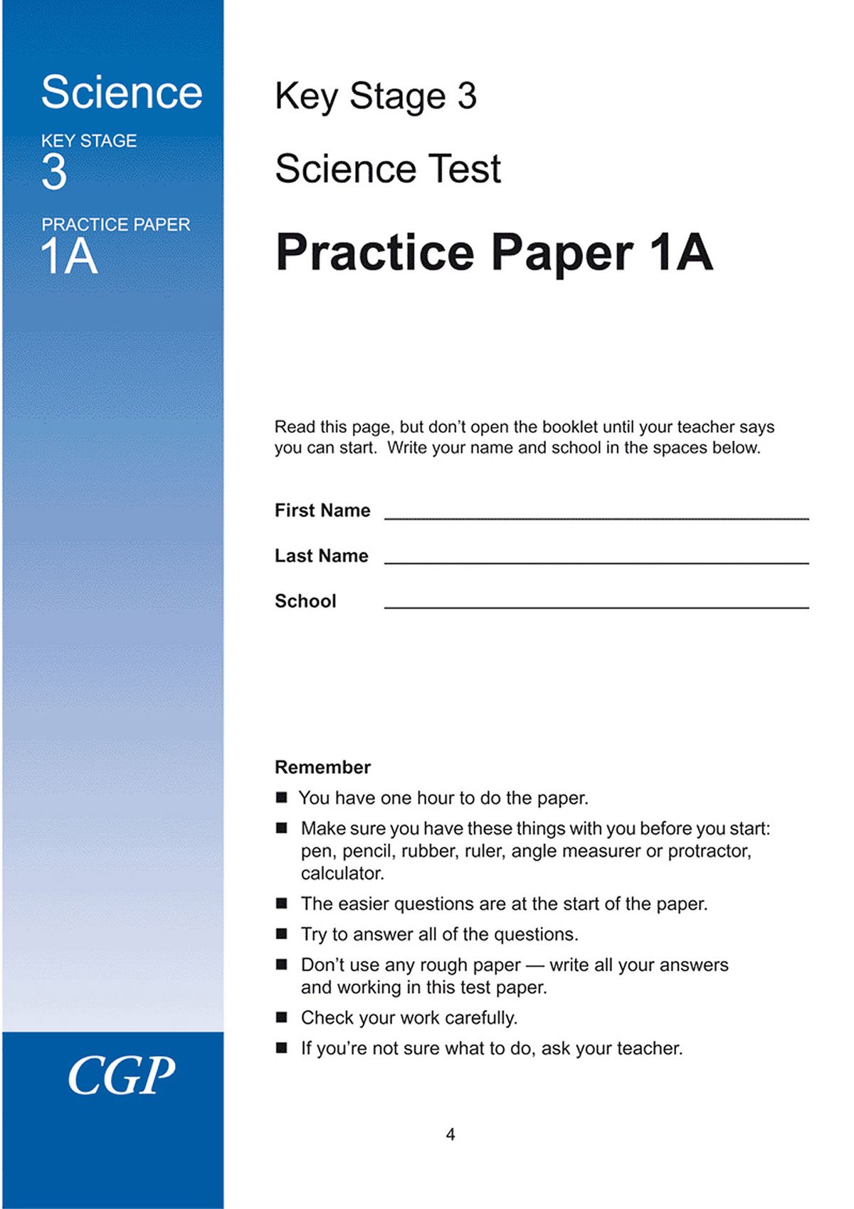 Inside page showing Practice Paper 1A cover with test instructions and candidate details section