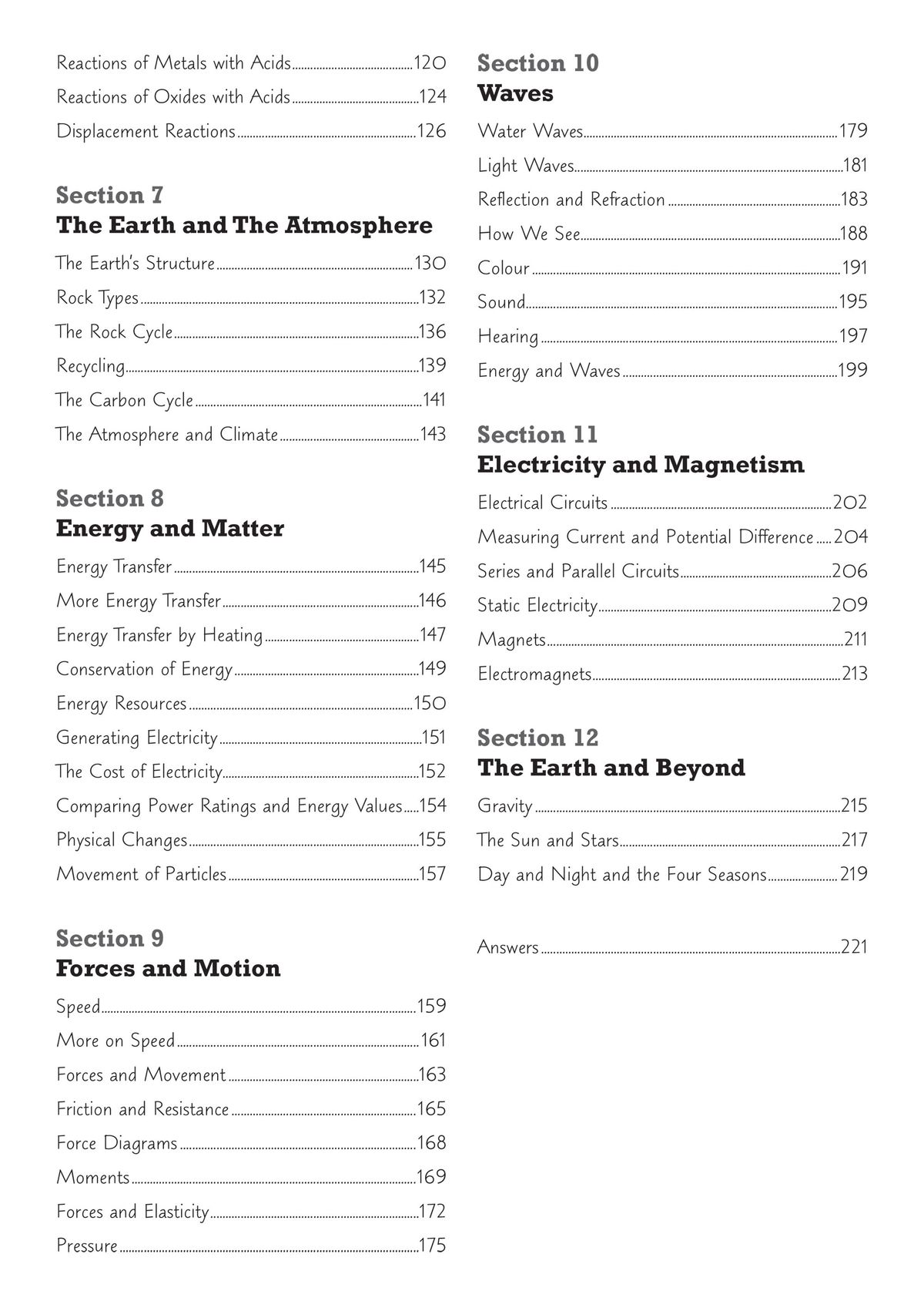 Contents pages listing science topics including energy, forces, electricity, and the Earth