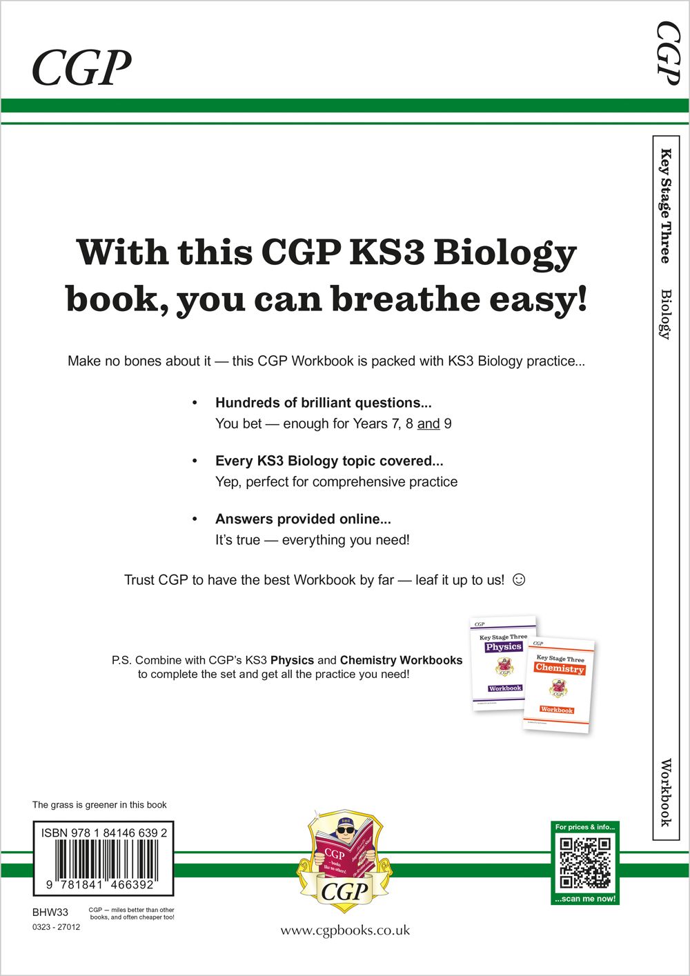 The back cover of the KS3 Biology workbook, featuring a sales pitch, ISBN barcode