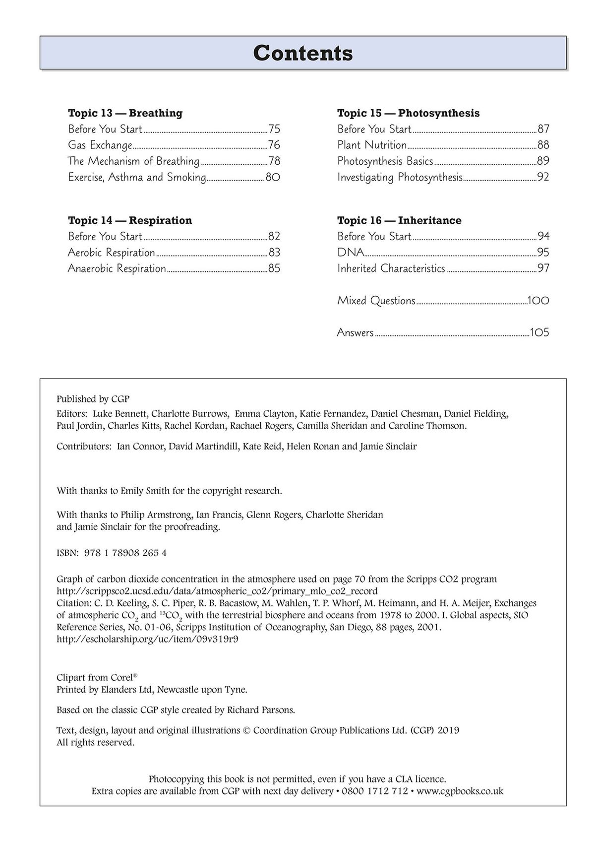 Contents page showing Biology, Chemistry and Physics topics covered in the Year 9 workbook
