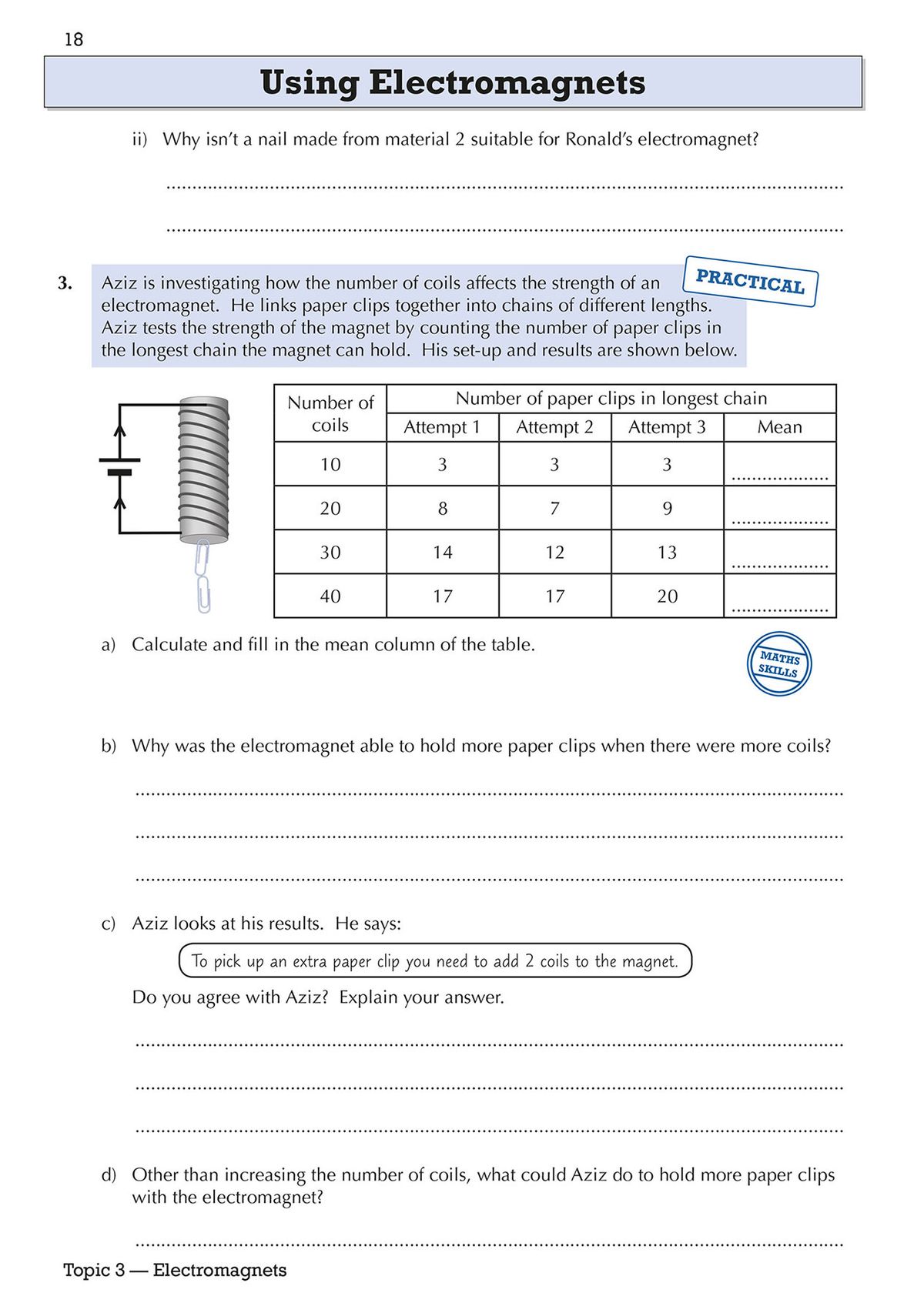 Sample Physics questions on electromagnets with practical investigation and maths skills
