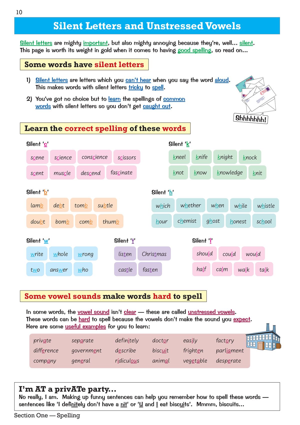 Inside pages showing silent letters and unstressed vowels with colour-coded examples