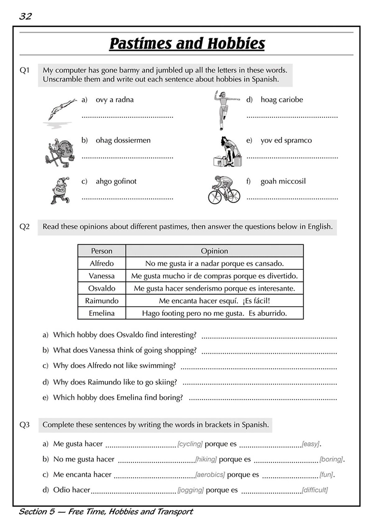 Sample workbook page on pastimes and hobbies with word-scramble, opinion statements and sentence completion exercises