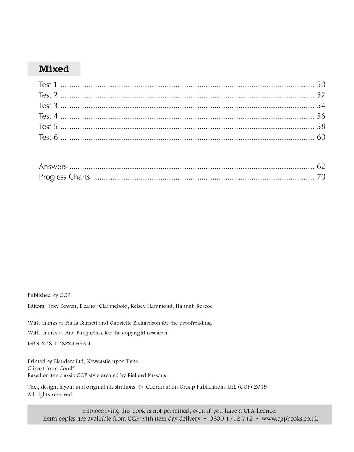 Contents page showing mixed tests, answers, and progress chart sections
