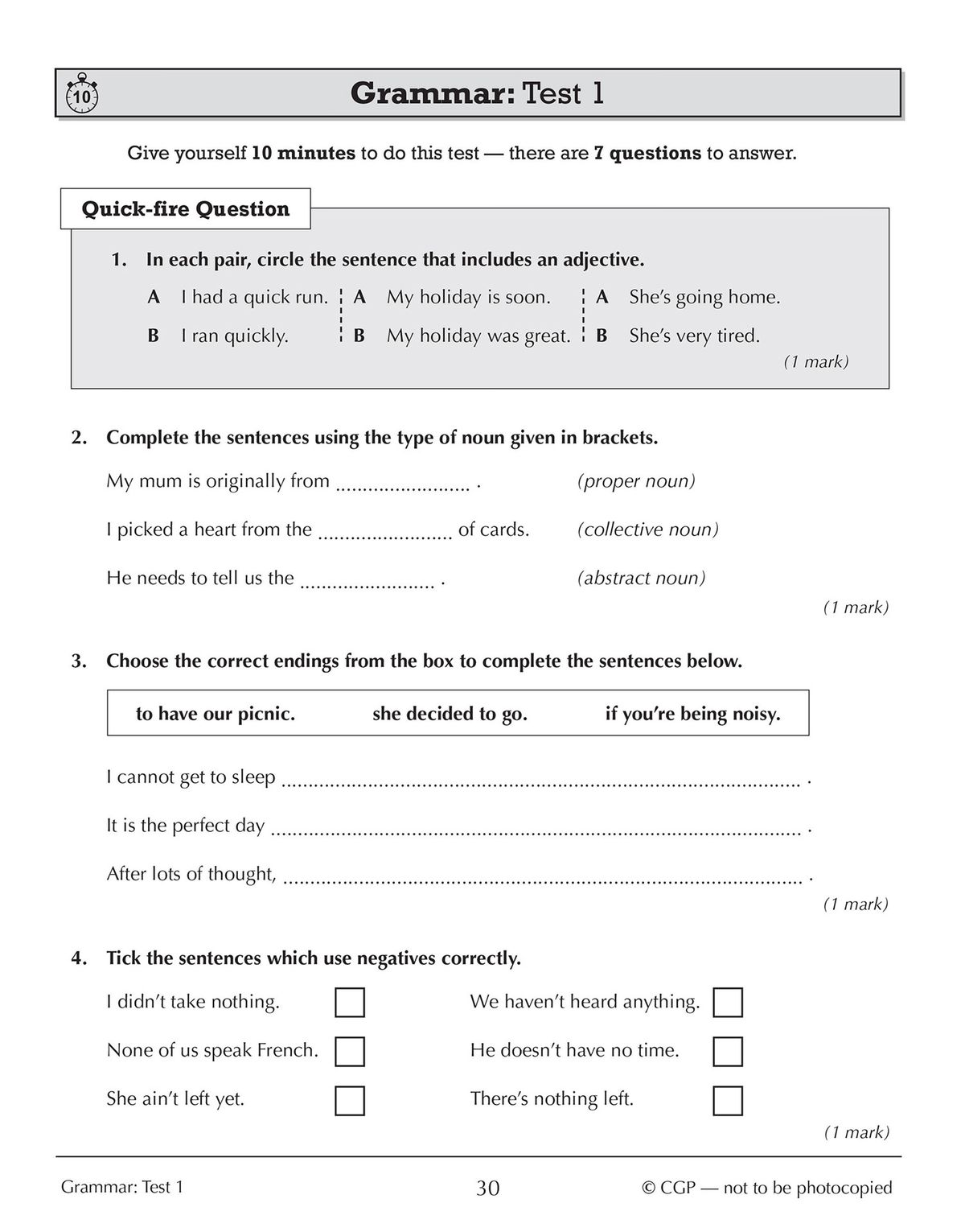 Sample grammar test page with quick-fire questions on adjectives, nouns, and sentence completion