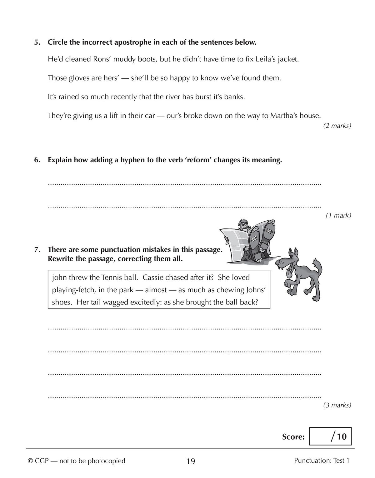 Sample page from the 10-minute tests book showing a punctuation test with questions on apostrophes and hyphens