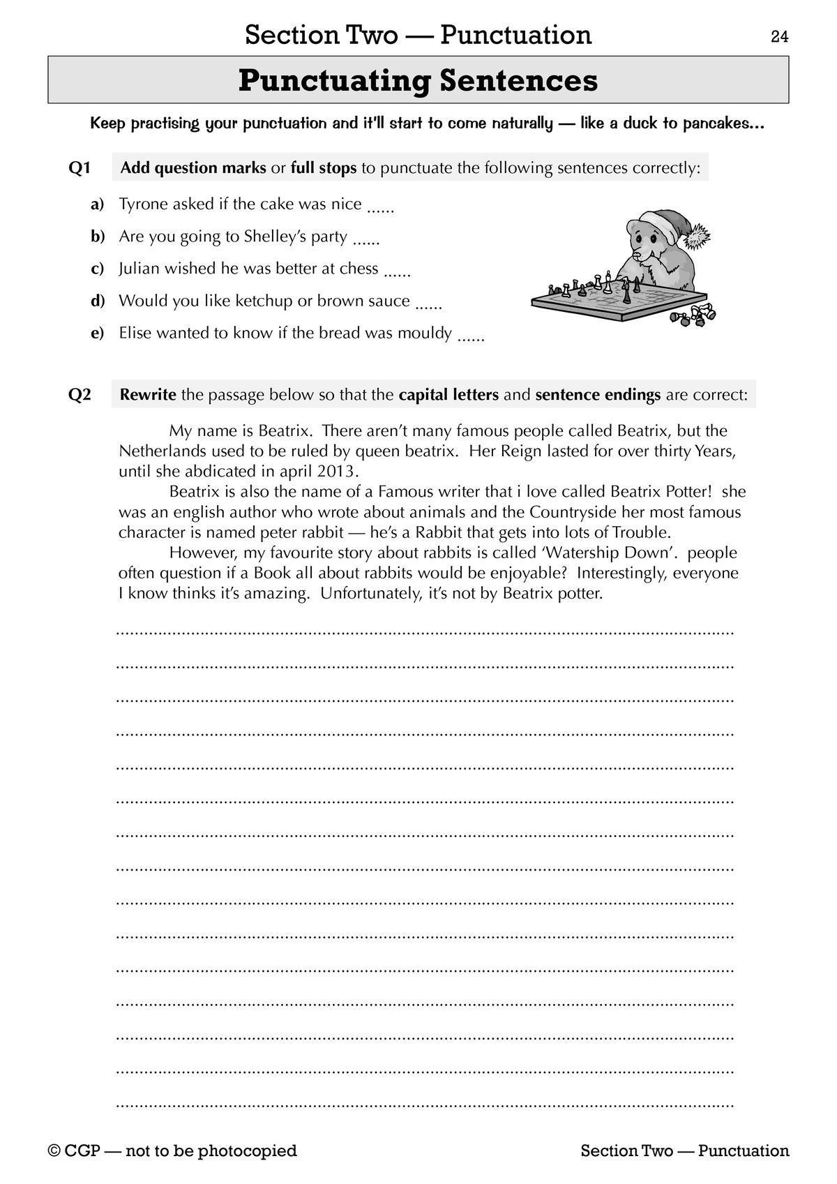 Sample page showing punctuation exercises including question marks, full stops and sentence rewriting tasks