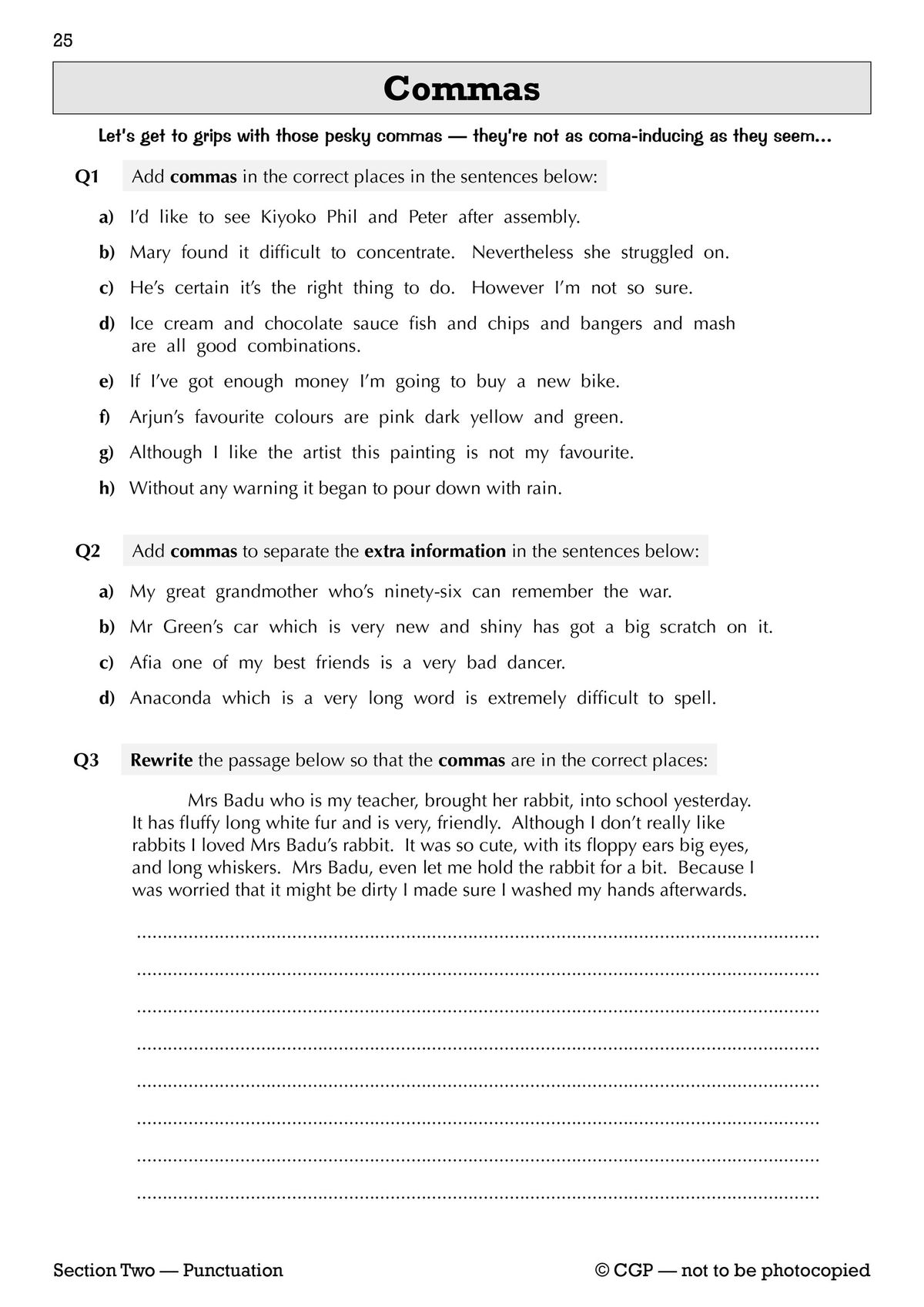 KS3 Spelling, Punctuation and Grammar Workbook interior page showing comma exercises
