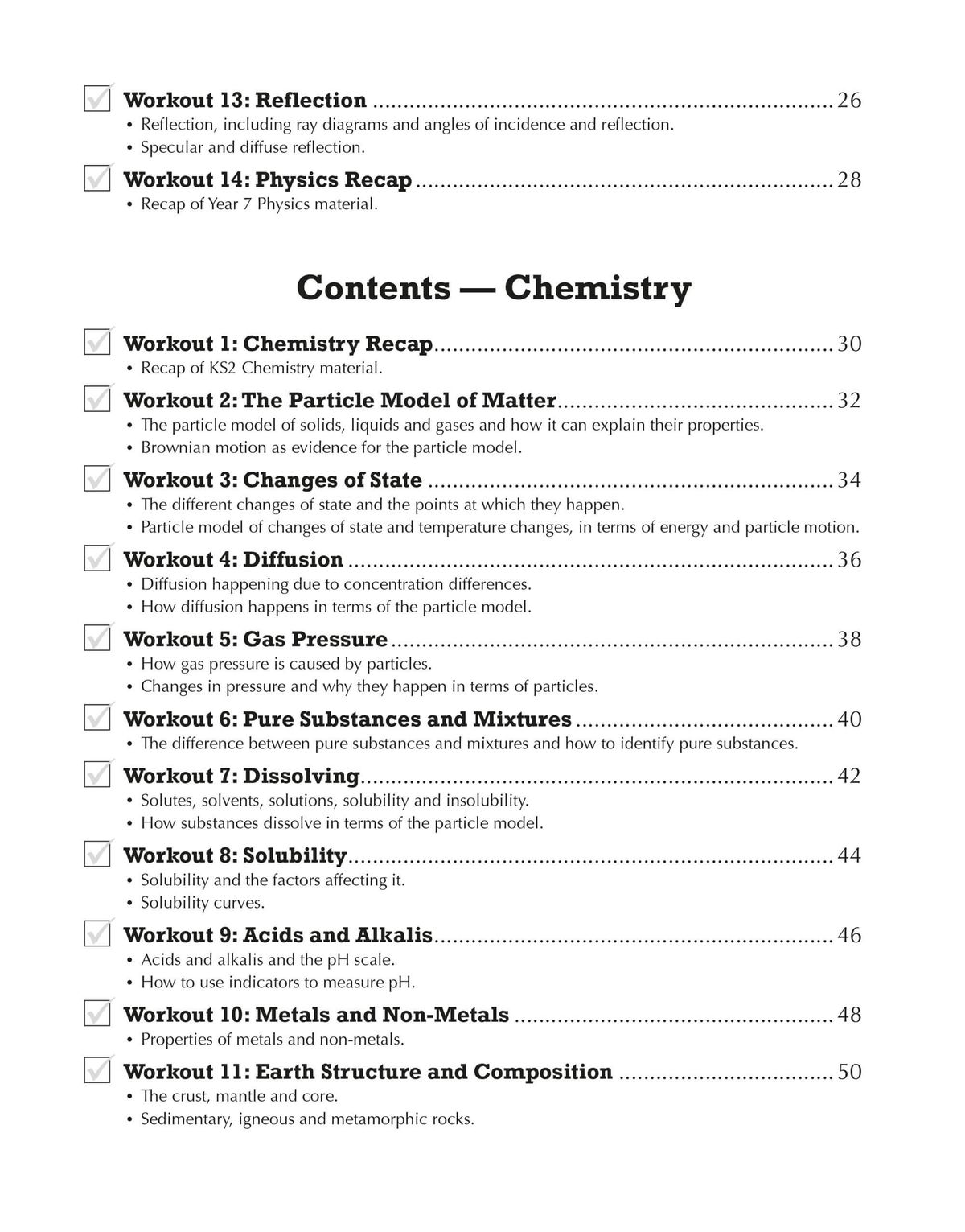 Contents page showing Chemistry workouts including topics on particle model, changes of state, diffusion, gas pressure and acids