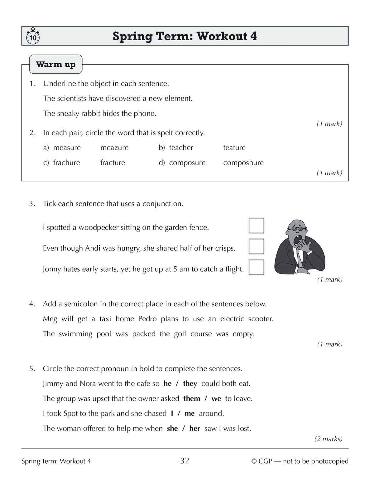 Sample workout page showing warm-up grammar questions and varied SPaG activities