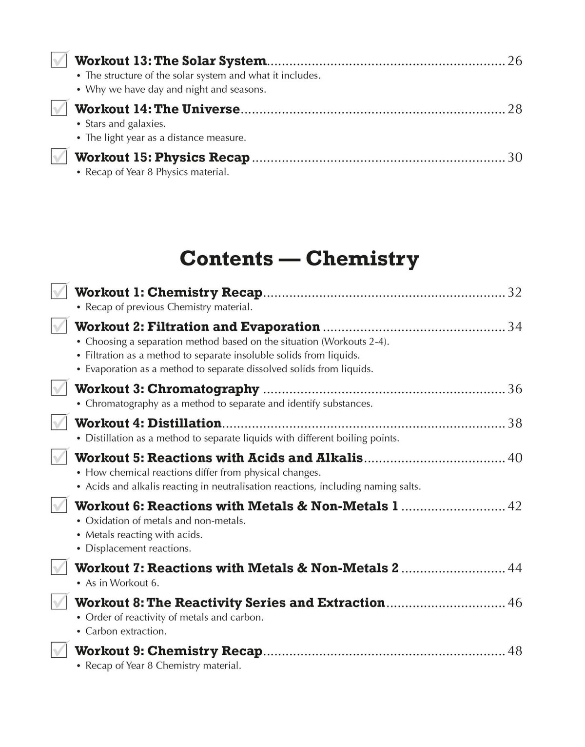 Contents page showing Chemistry workouts including topics such as filtration, chromatography, distillation and reactions with acids and alkalis
