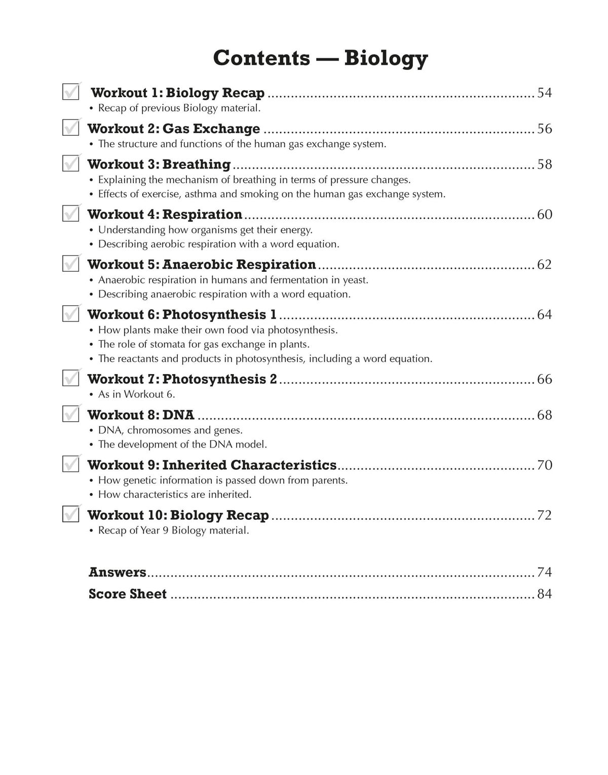 Biology contents page showing workout topics including gas exchange, respiration, photosynthesis and DNA