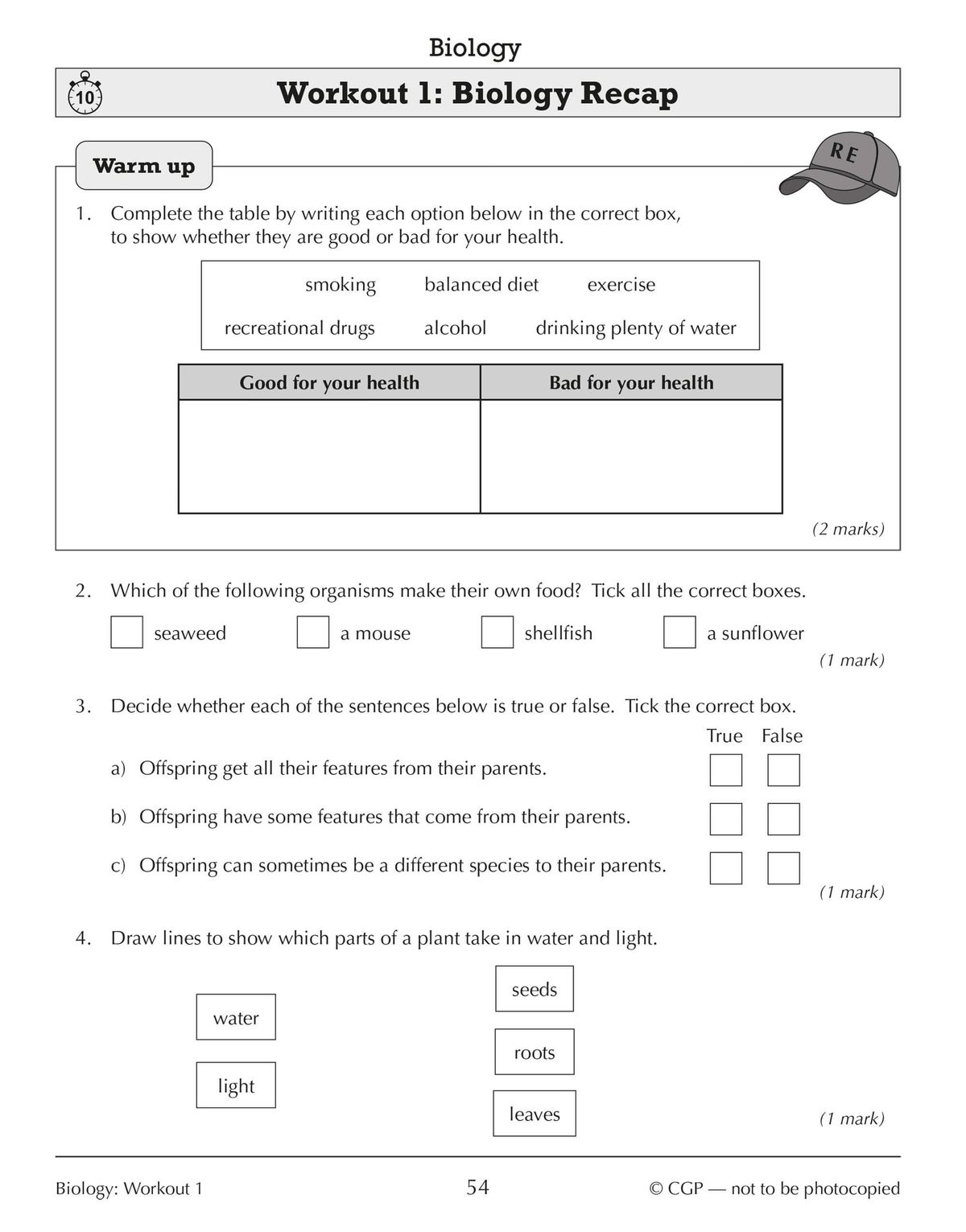 Sample Biology workout page showing warm-up question and activities on health factors and photosynthesis