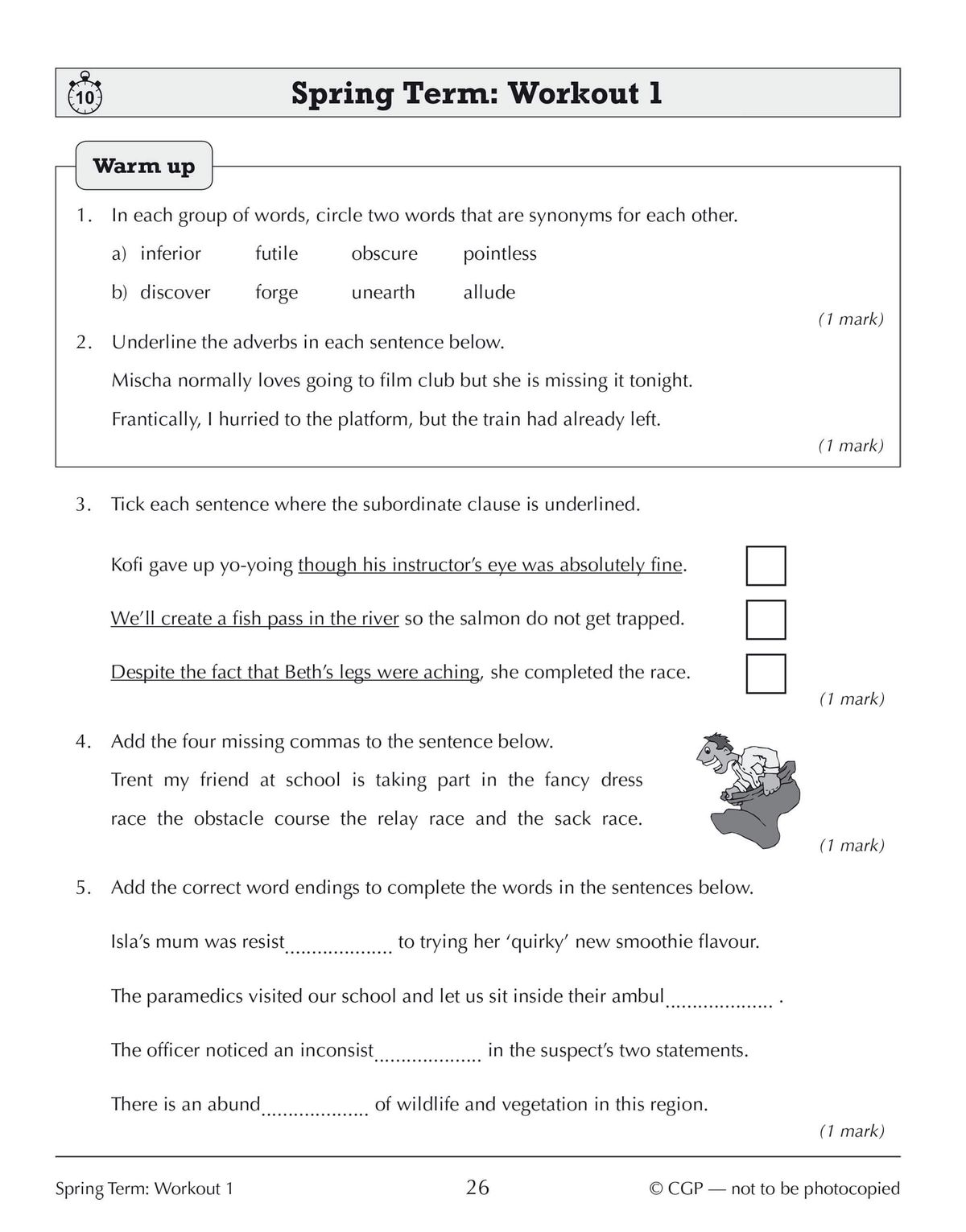 Spring Term Workout 1 with warm-up questions on synonyms, adverbs, subordinate clauses, commas, word endings, subjunctive mood, conjunctions, and grammar correction
