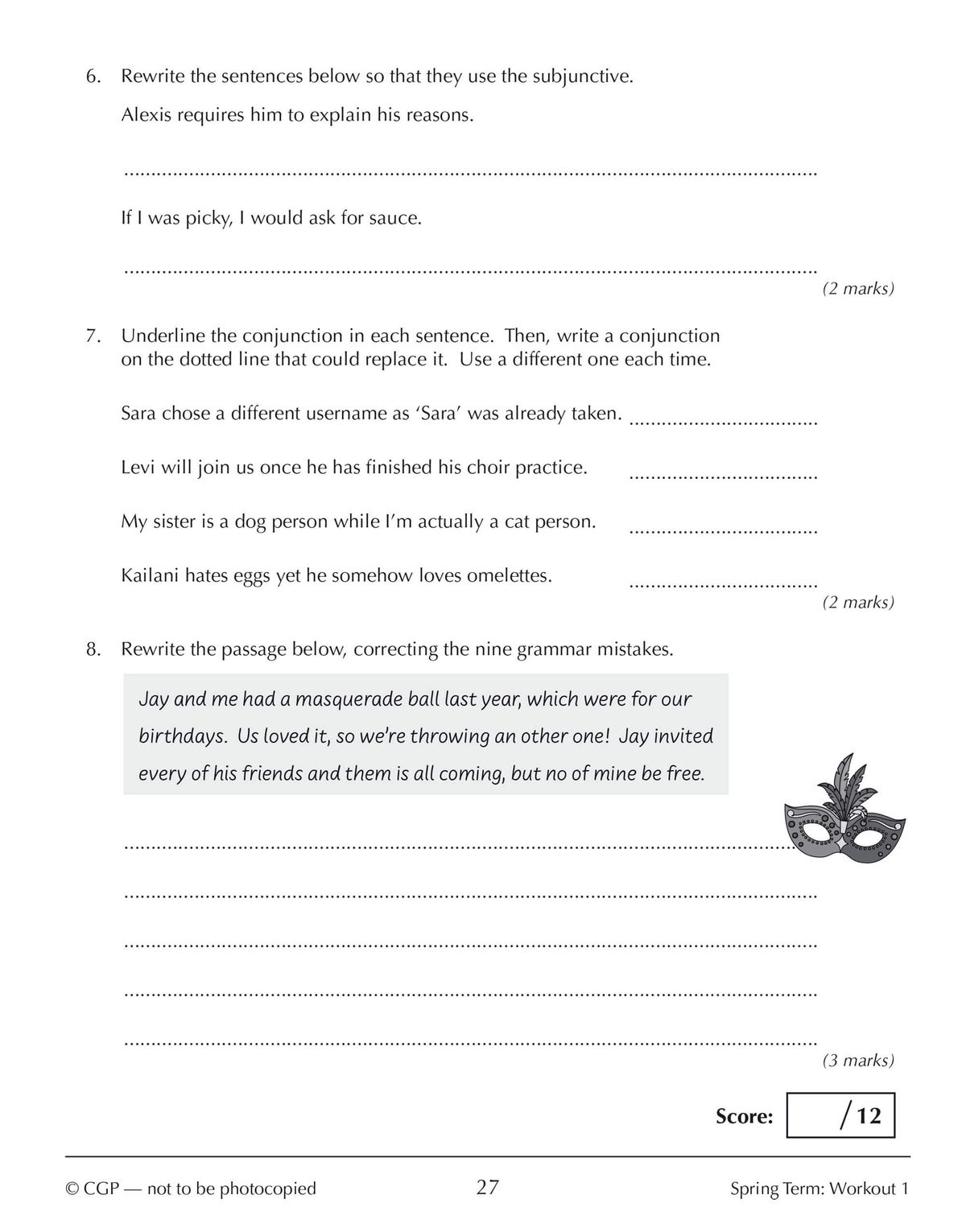 Second page of Spring Term Workout 1 showing tasks on the subjunctive, conjunctions, and a grammar correction passage with a scoring box