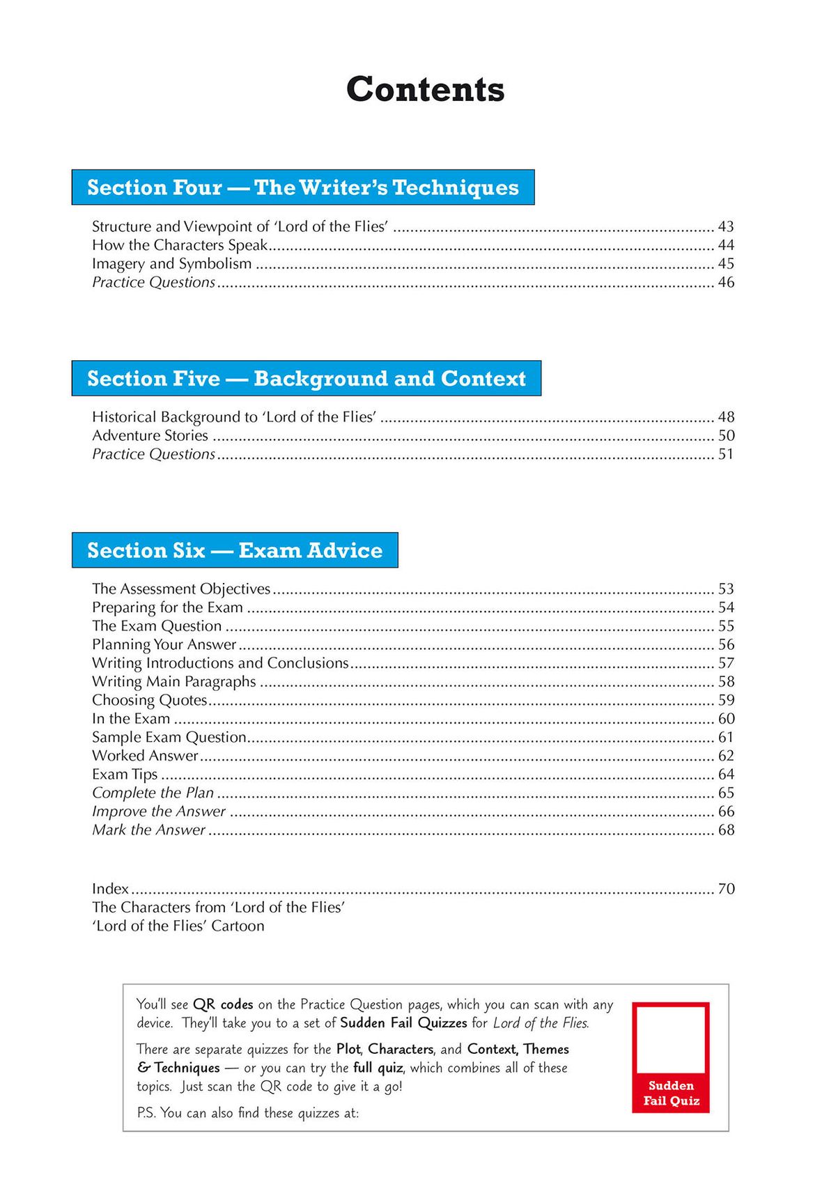 Contents page showing detailed exam advice section