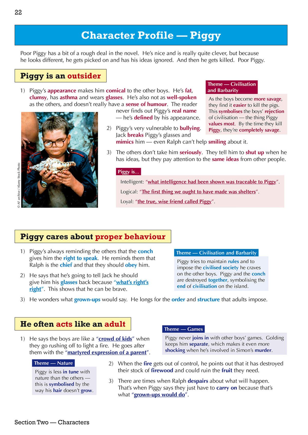 Lord of the Flies Text Guide showing character profile for Piggy