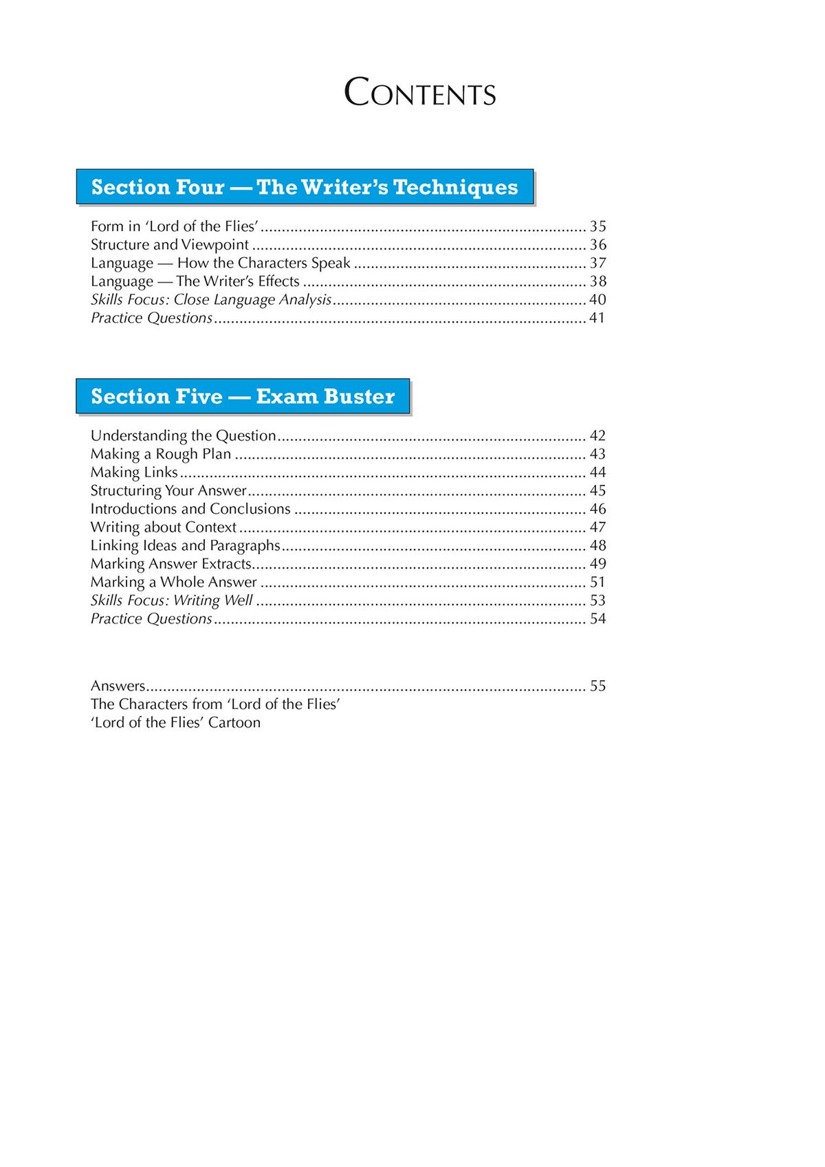 Contents page listing Writer's Techniques and Exam Buster sections