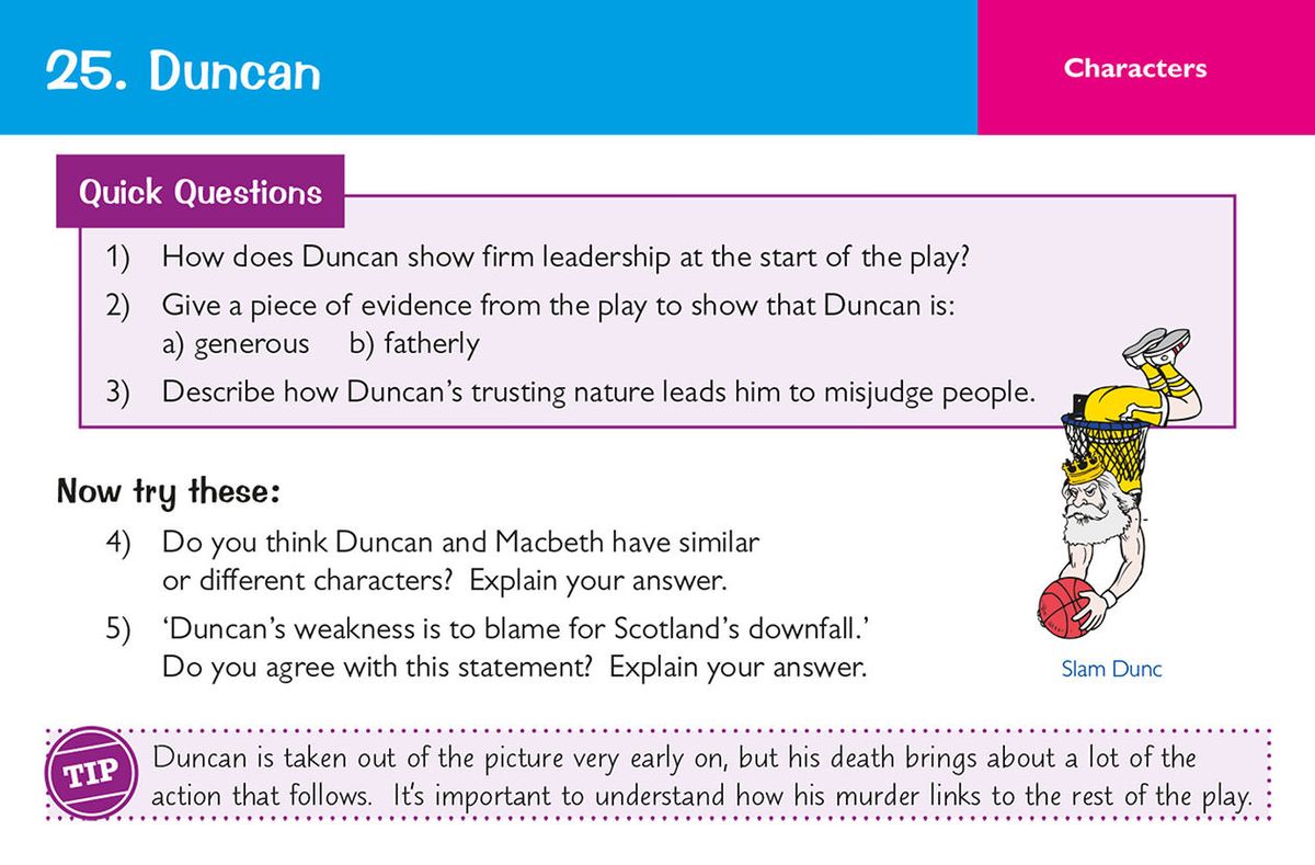 Sample card showing character questions about Duncan with quick questions and 'Now try these' prompts
