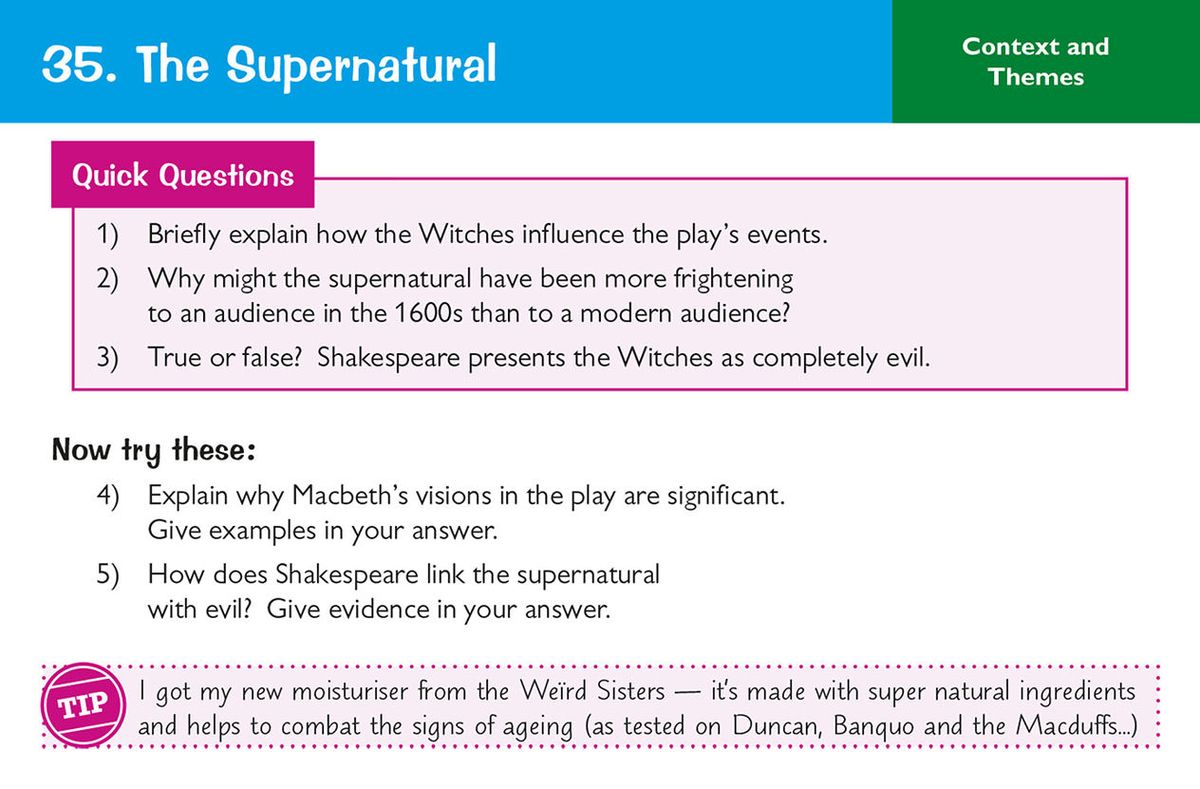 Card exploring the supernatural theme in Macbeth with questions about the witches and their influence