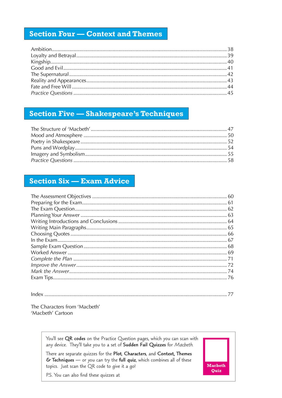 Contents page showing sections on context, themes, Shakespeare's techniques, and exam advice