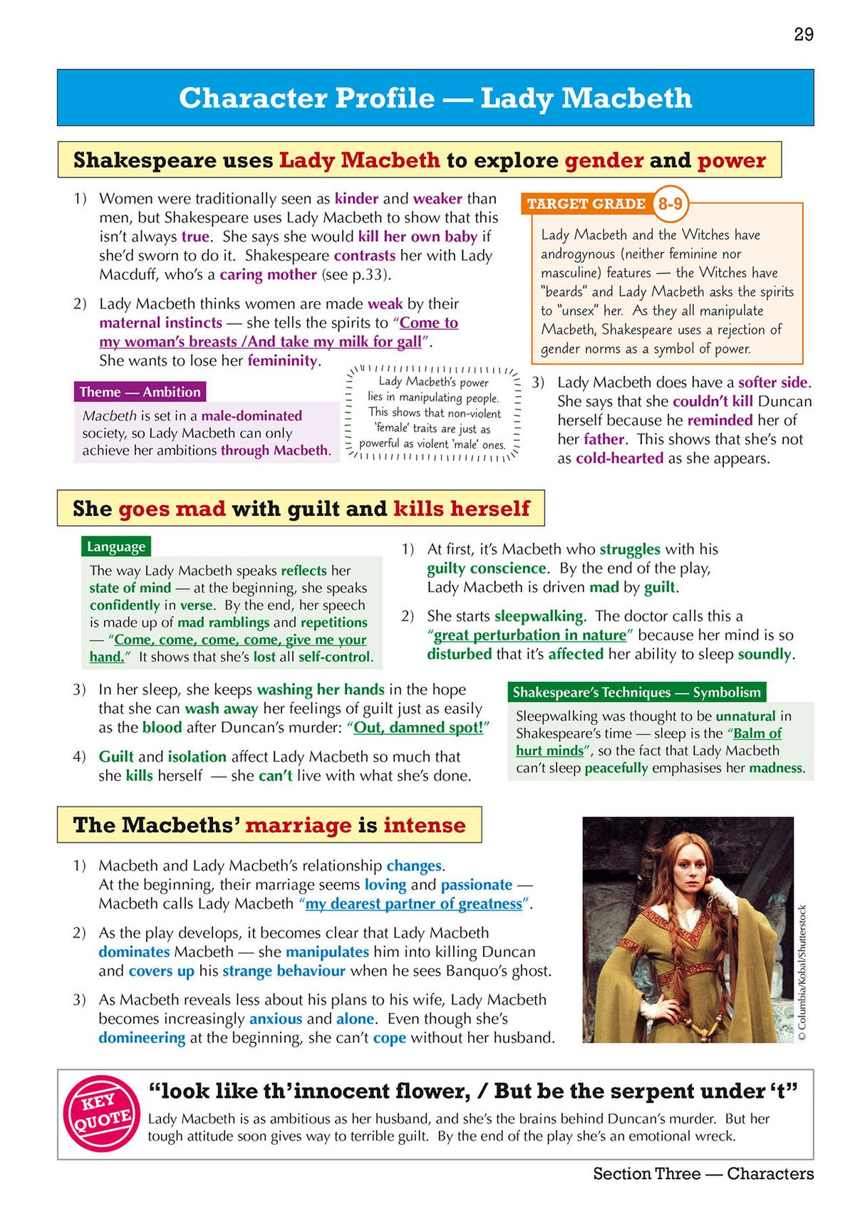 Macbeth Text Guide contents page showing character profiles and exam techniques