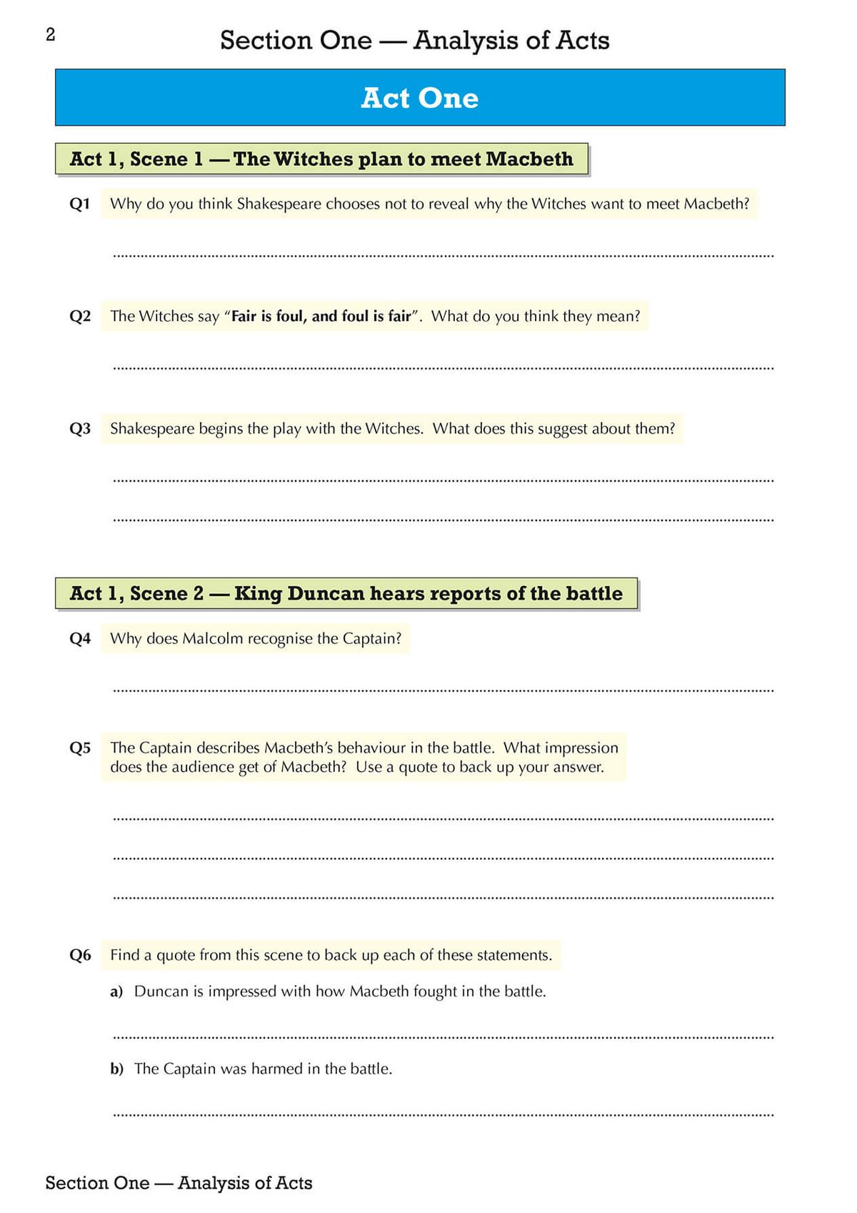 Sample workbook page showing Act One analysis questions