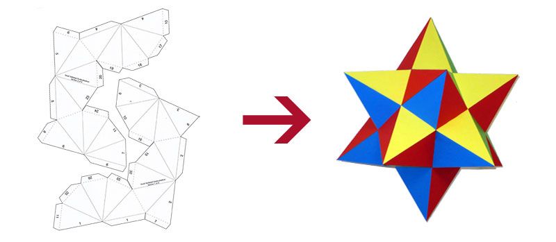 Cut-out net templates transforming into a colourful completed 3D star shape