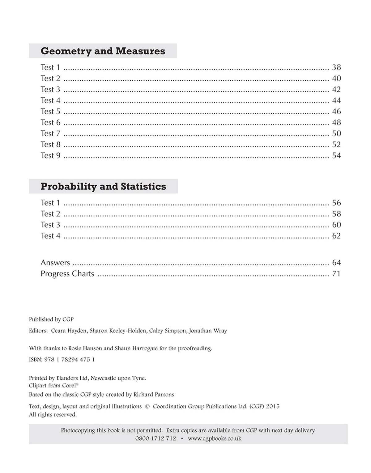 Contents page showing test sections including Geometry and Measures, and Probability and Statistics
