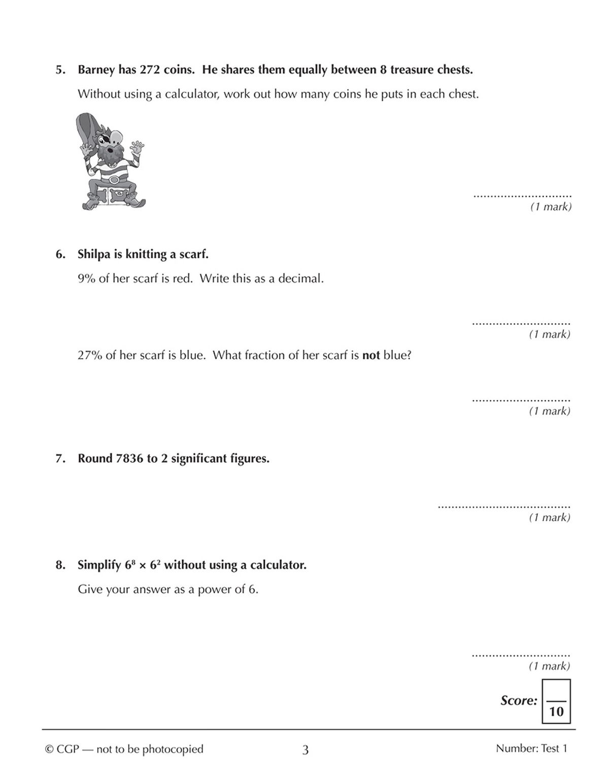 Sample test page showing mixed maths questions with score box