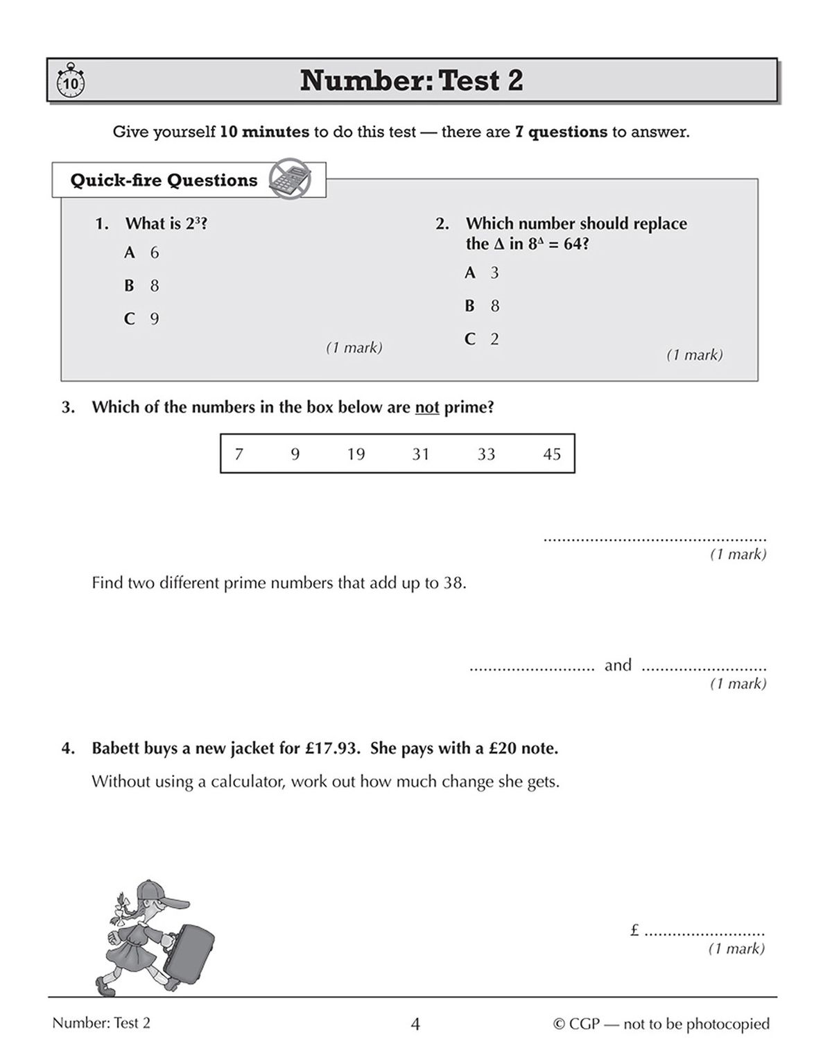 Sample test page showing number questions and quick-fire format
