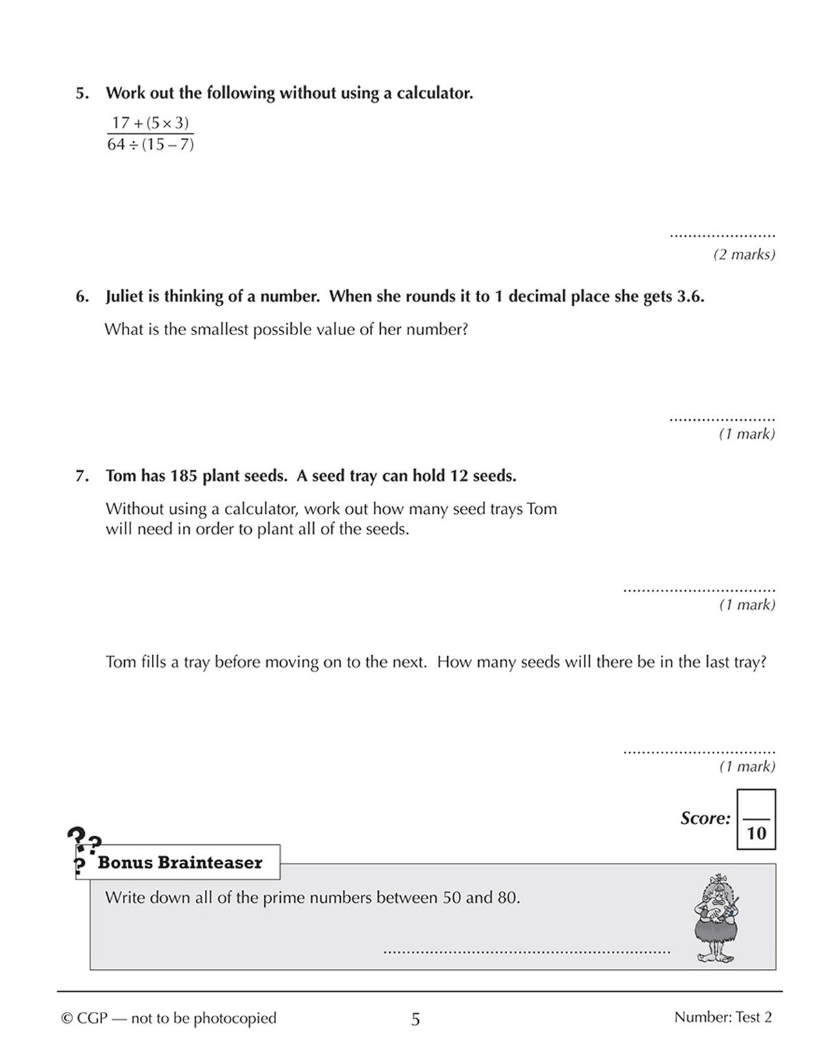 Inside pages showing calculation questions with working space and a bonus brainteaser section