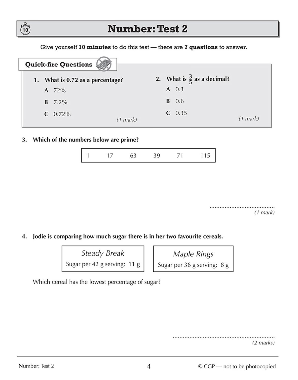 Test page showing quick-fire multiple choice questions on percentages and decimals with answer boxes