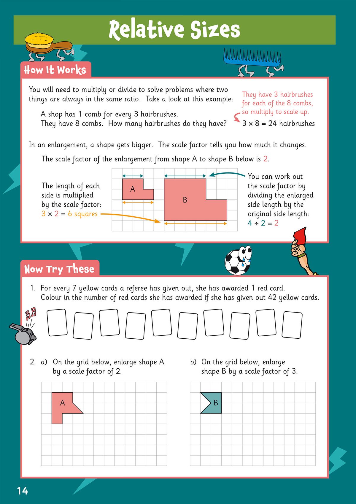 Relative sizes and ratio page showing scale factor problems with colourful diagrams and practice exercises